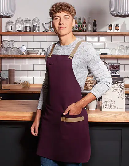Latzschürze Urban-Look mit Kreuzbändern und Tasche – Artikelnummer KY119