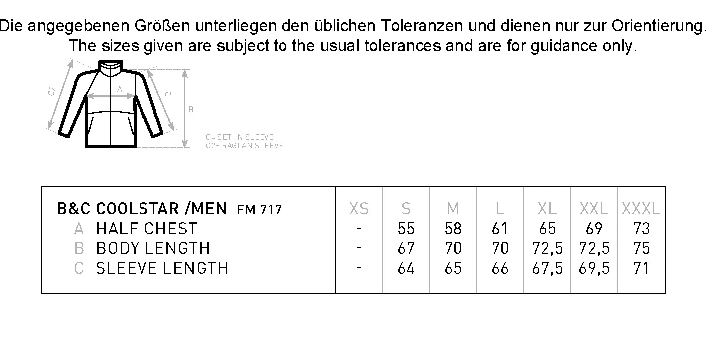 Größentabelle für Men´s Fleece Coolstar – BCFM717