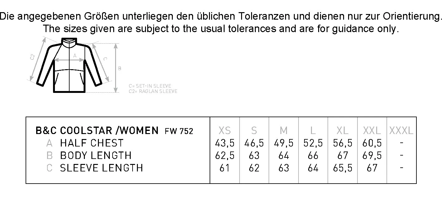 Größentabelle für Women´s Fleece Coolstar – BCFW752