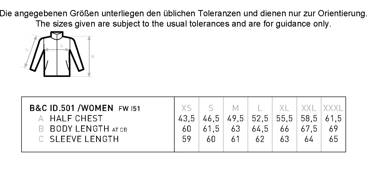 Größentabelle für Women´s Microfleece-Duo ID.501 – BCFWI51