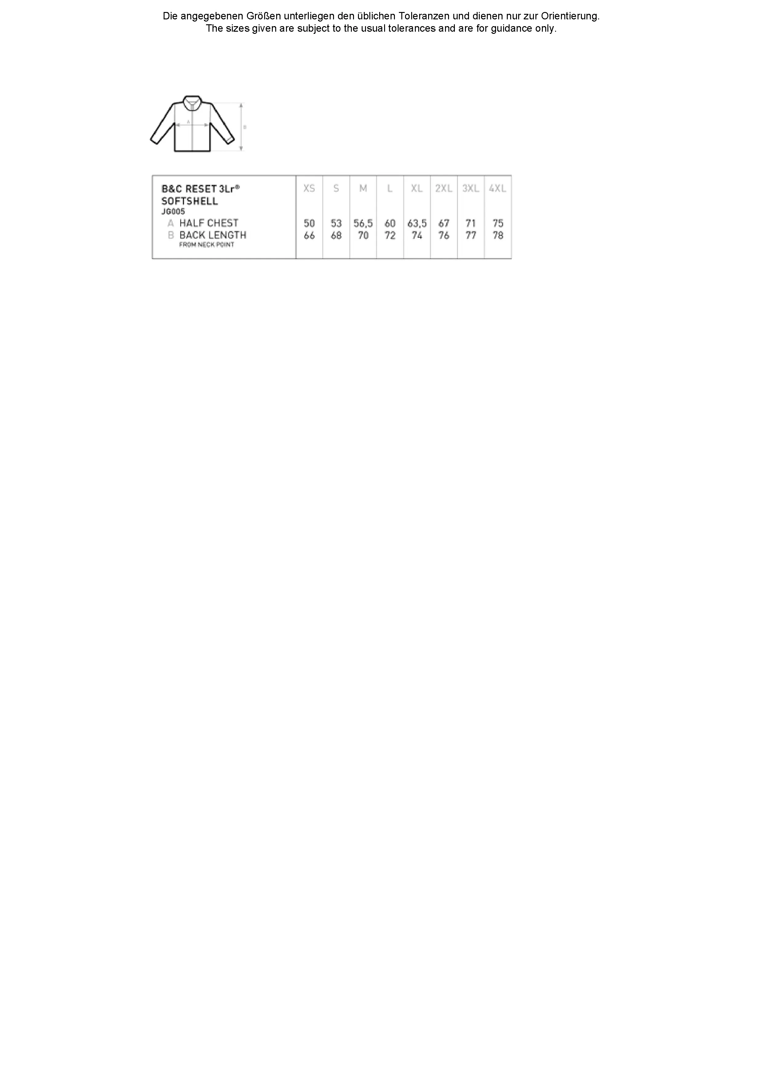 Größentabelle für Reset Softshell – BCJG005