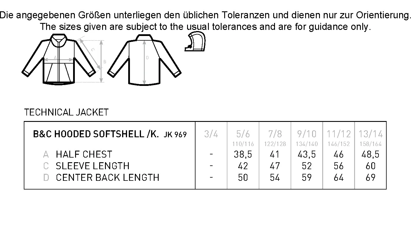Größentabelle für Kids´ Hooded Softshell Jacket – BCJK969
