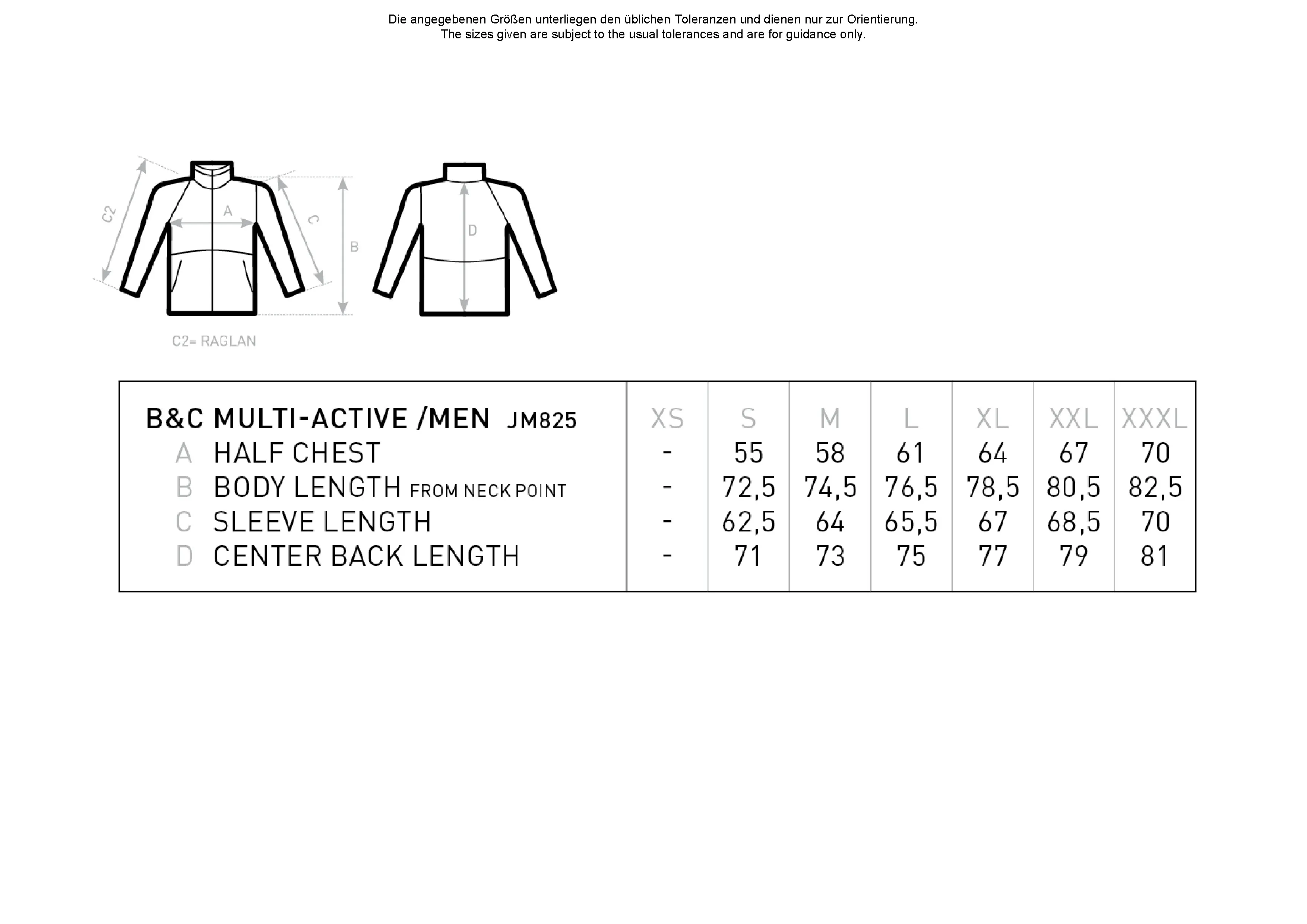 Größentabelle für Men´s Jacket Multi-Active – BCJM825