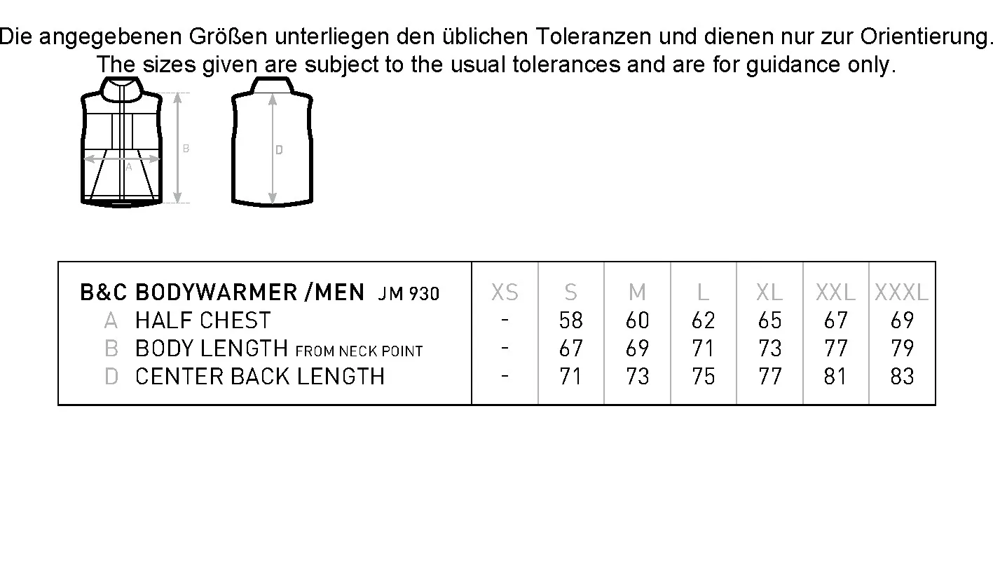 Größentabelle für Men´s Bodywarmer – BCJM930