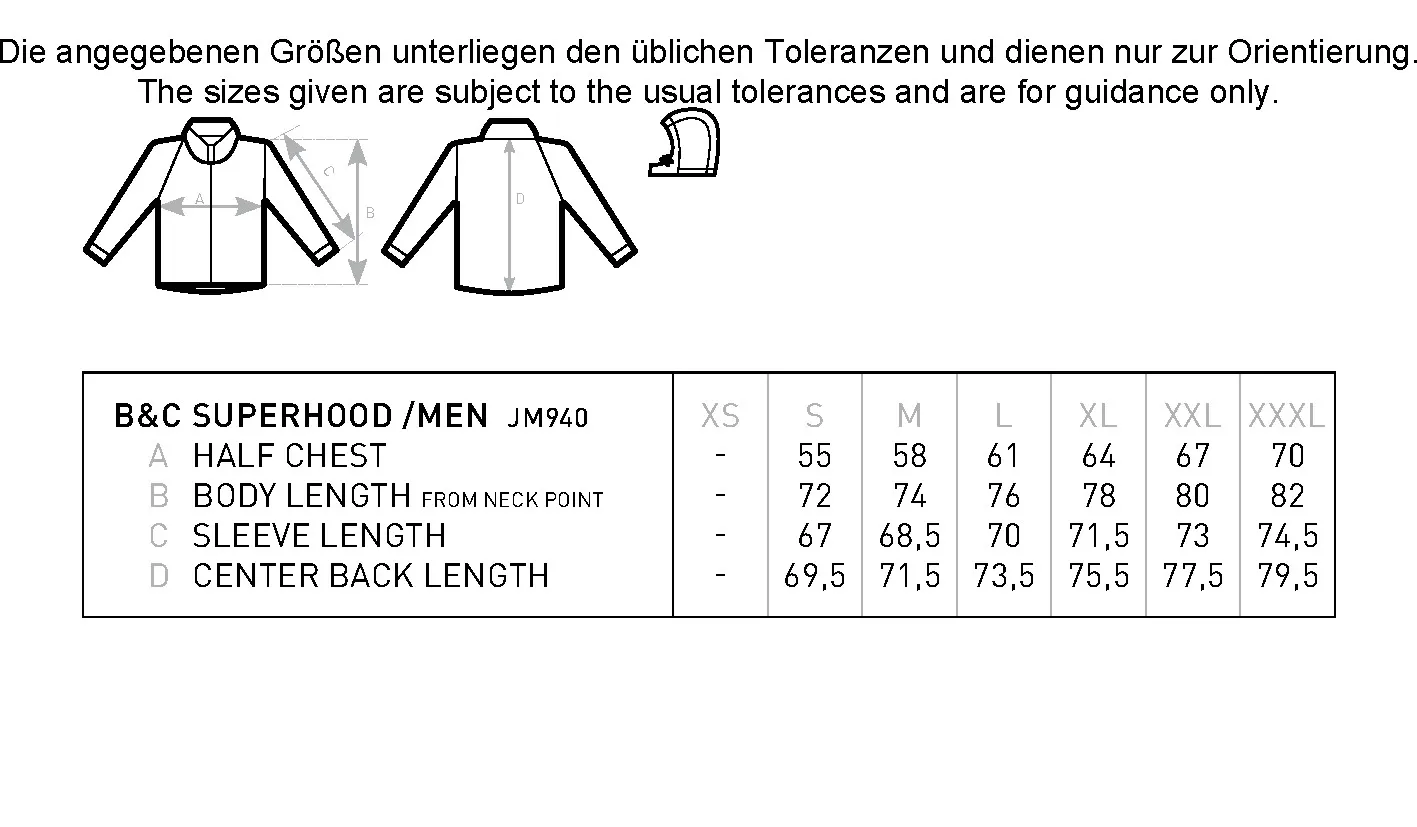 Größentabelle für Men´s Jacket Superhood – BCJM940