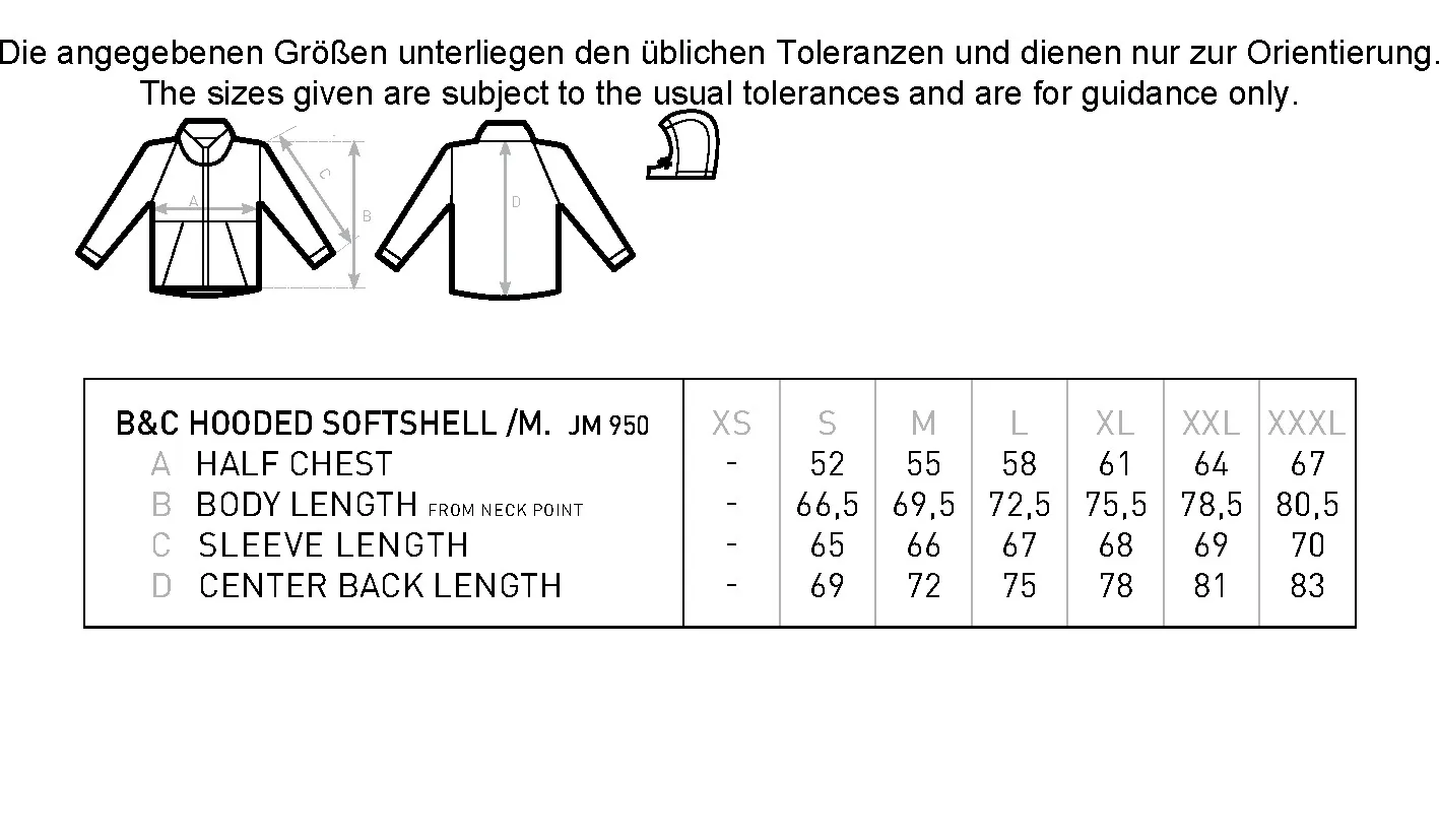 Größentabelle für Men´s Hooded Softshell – BCJM950