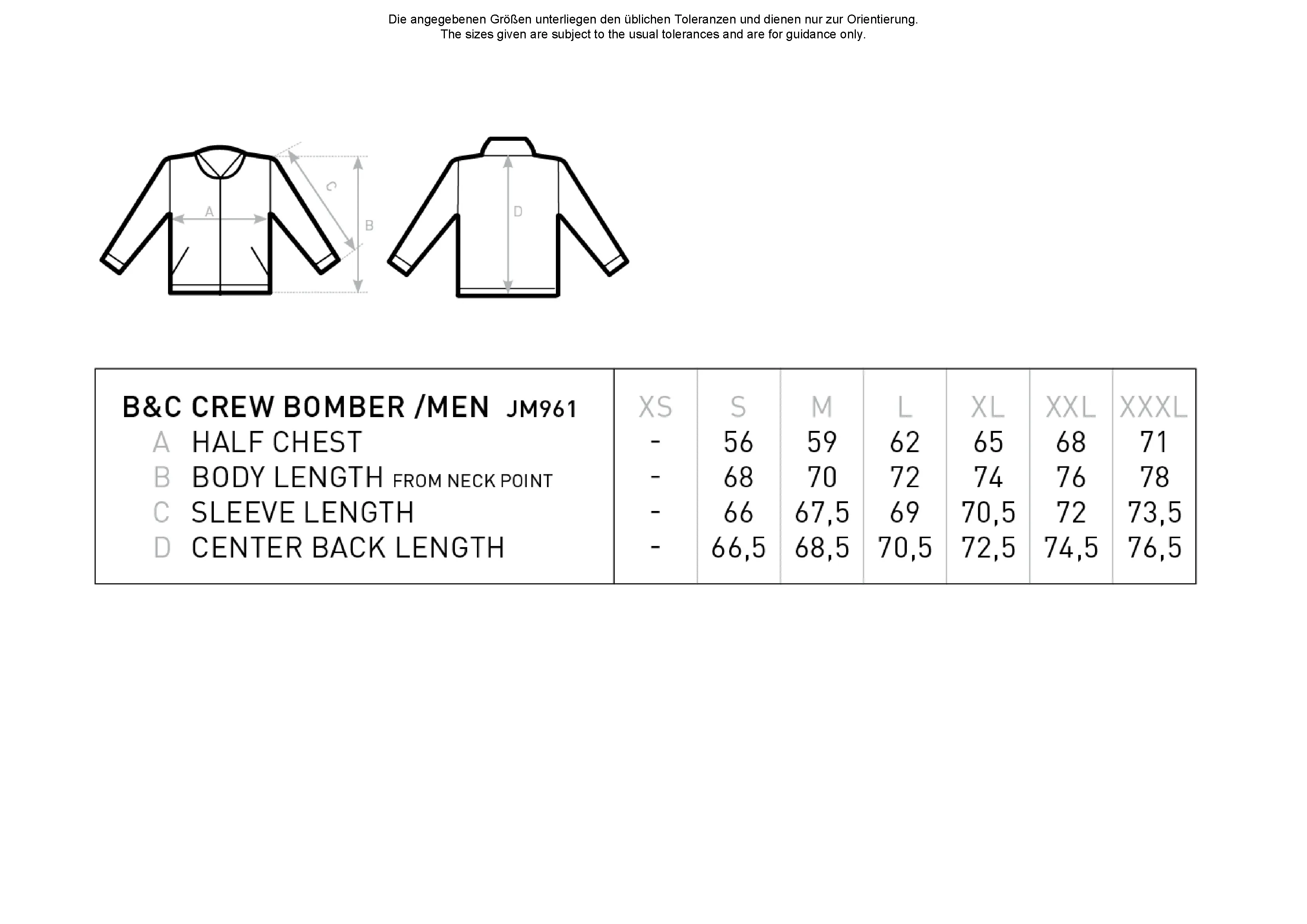 Größentabelle für Men´s Jacket Crew Bomber – BCJM961