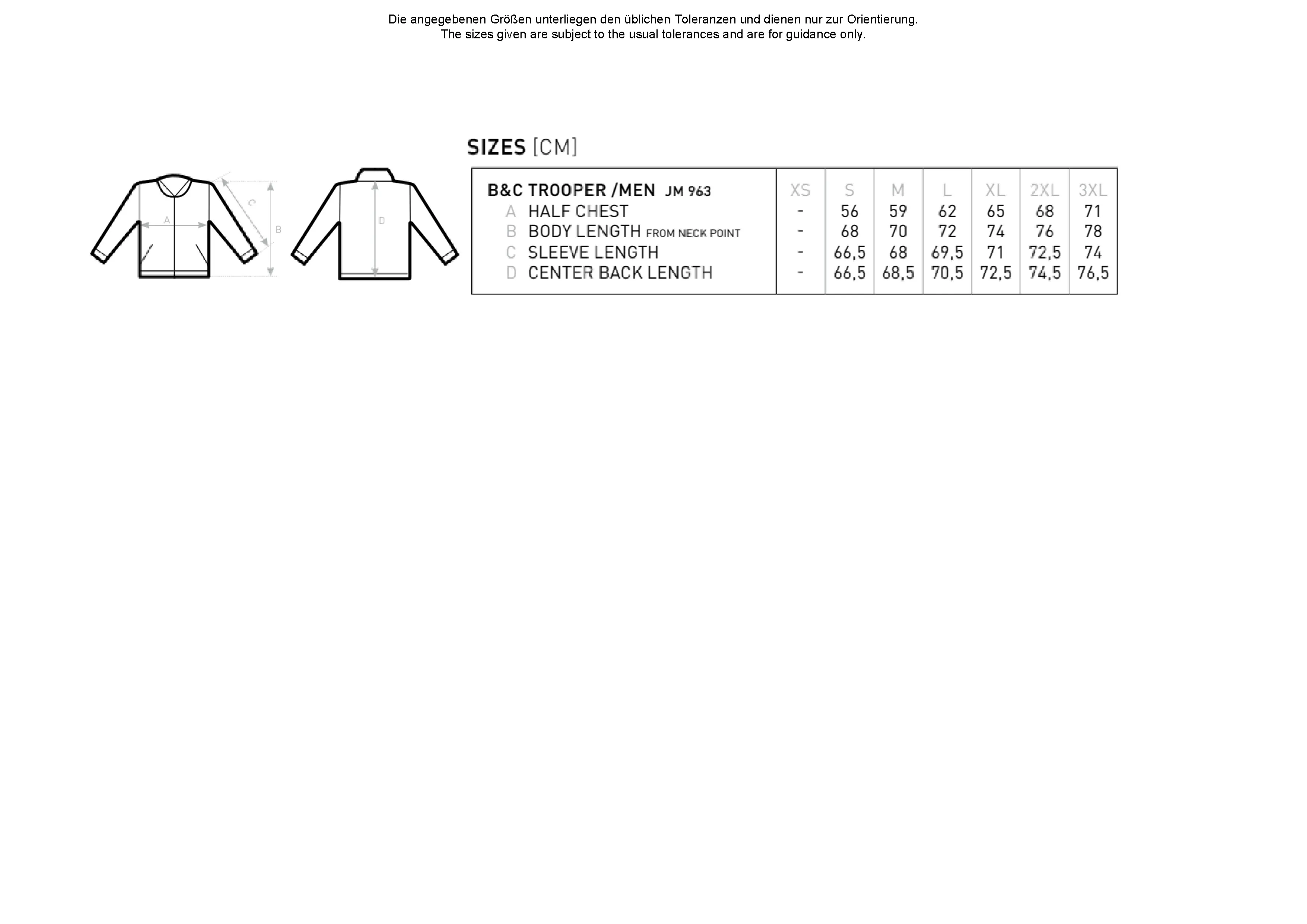 Größentabelle für Men´s Jacket Trooper – BCJM963