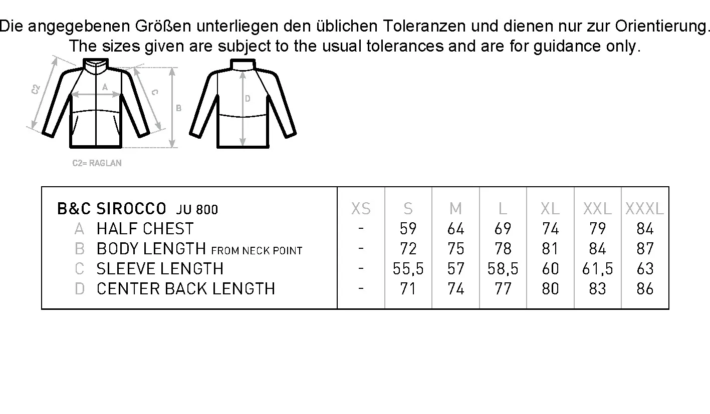 Größentabelle für Unisex Jacket Sirocco – BCJU800