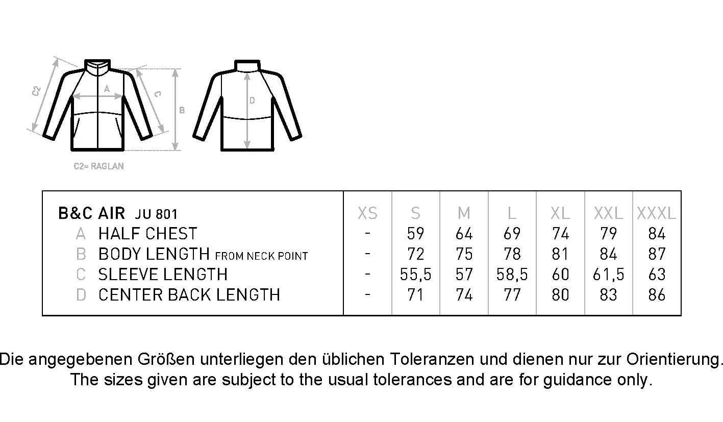 Größentabelle für Unisex Jacket Air – BCJU801