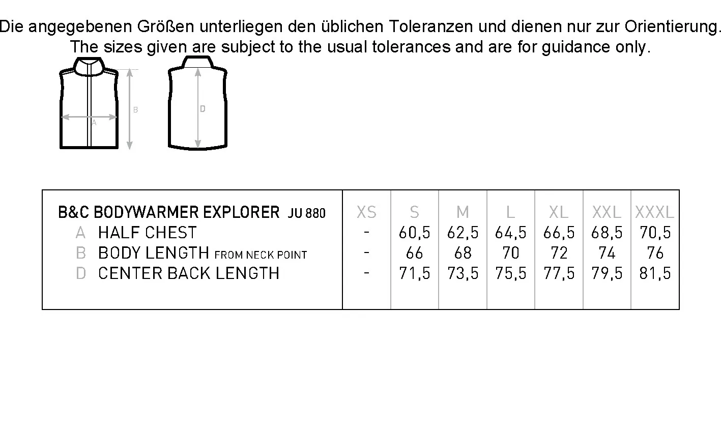 Größentabelle für Unisex Bodywarmer Explorer – BCJU880