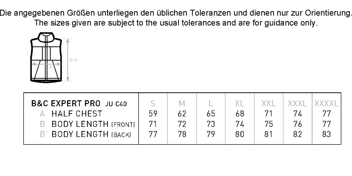 Größentabelle für Expert Pro Bodywarmer – BCJUC40