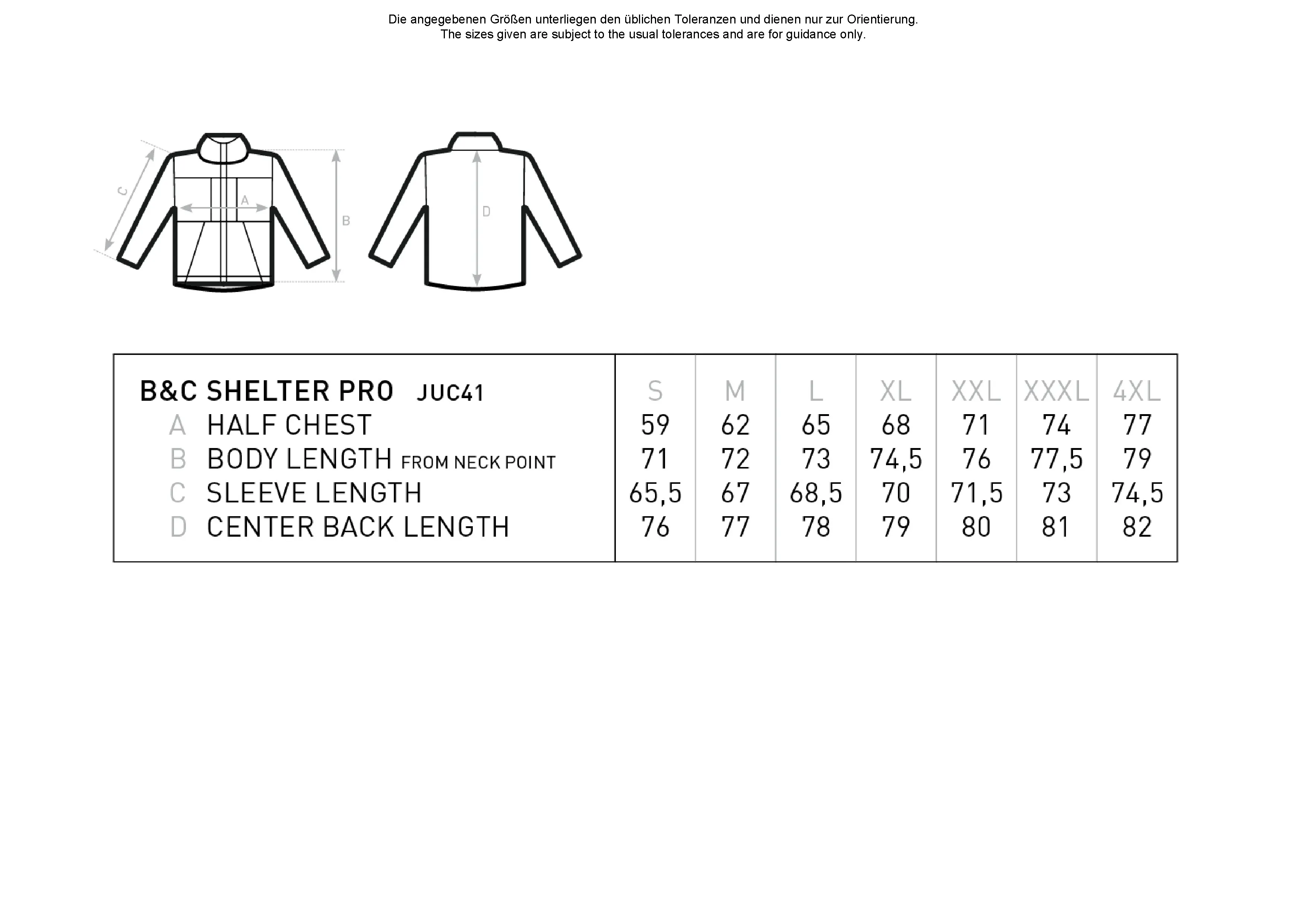 Größentabelle für Jacket Shelter Pro – BCJUC41