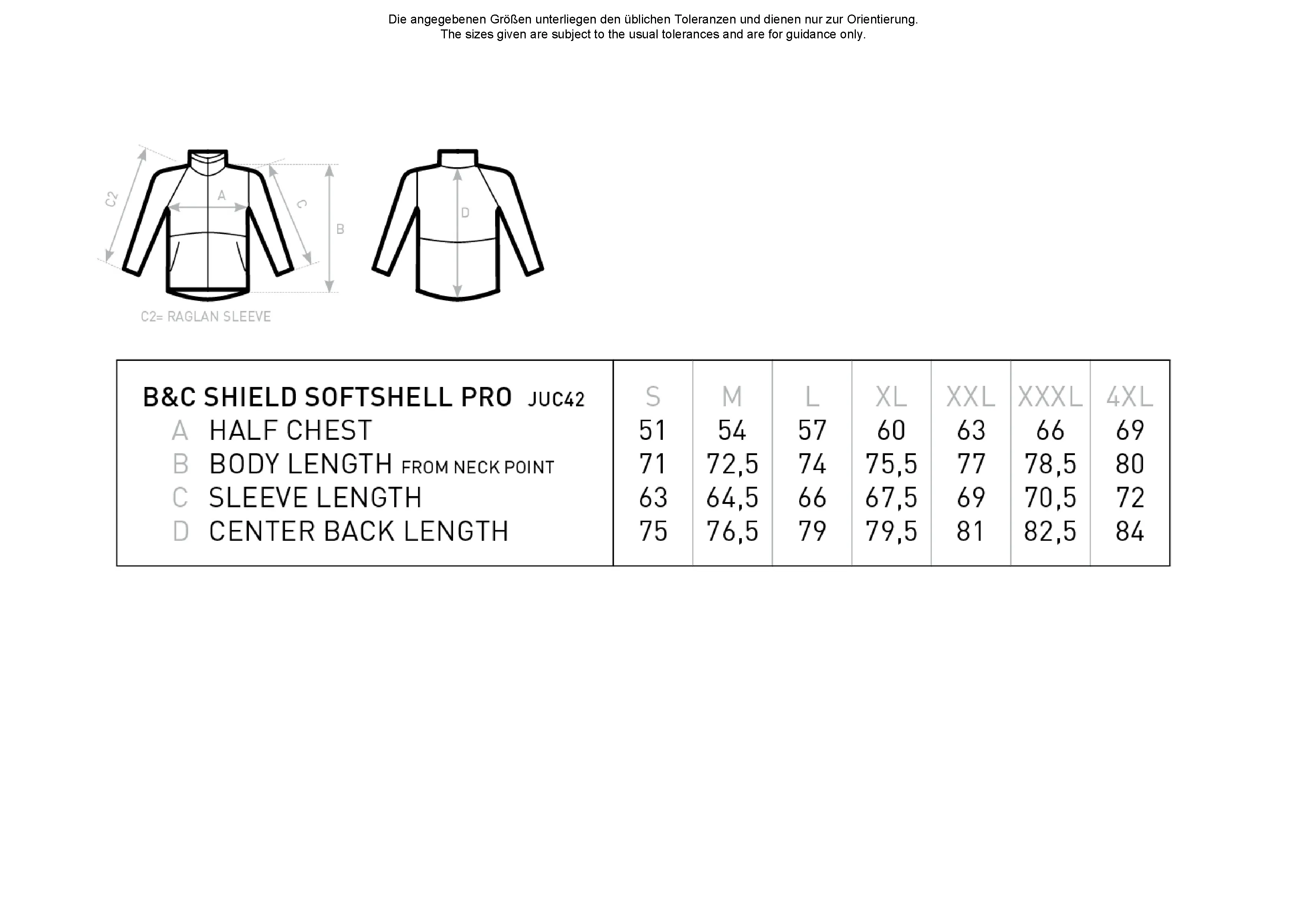 Größentabelle für Jacket Shield Softshell Pro – BCJUC42