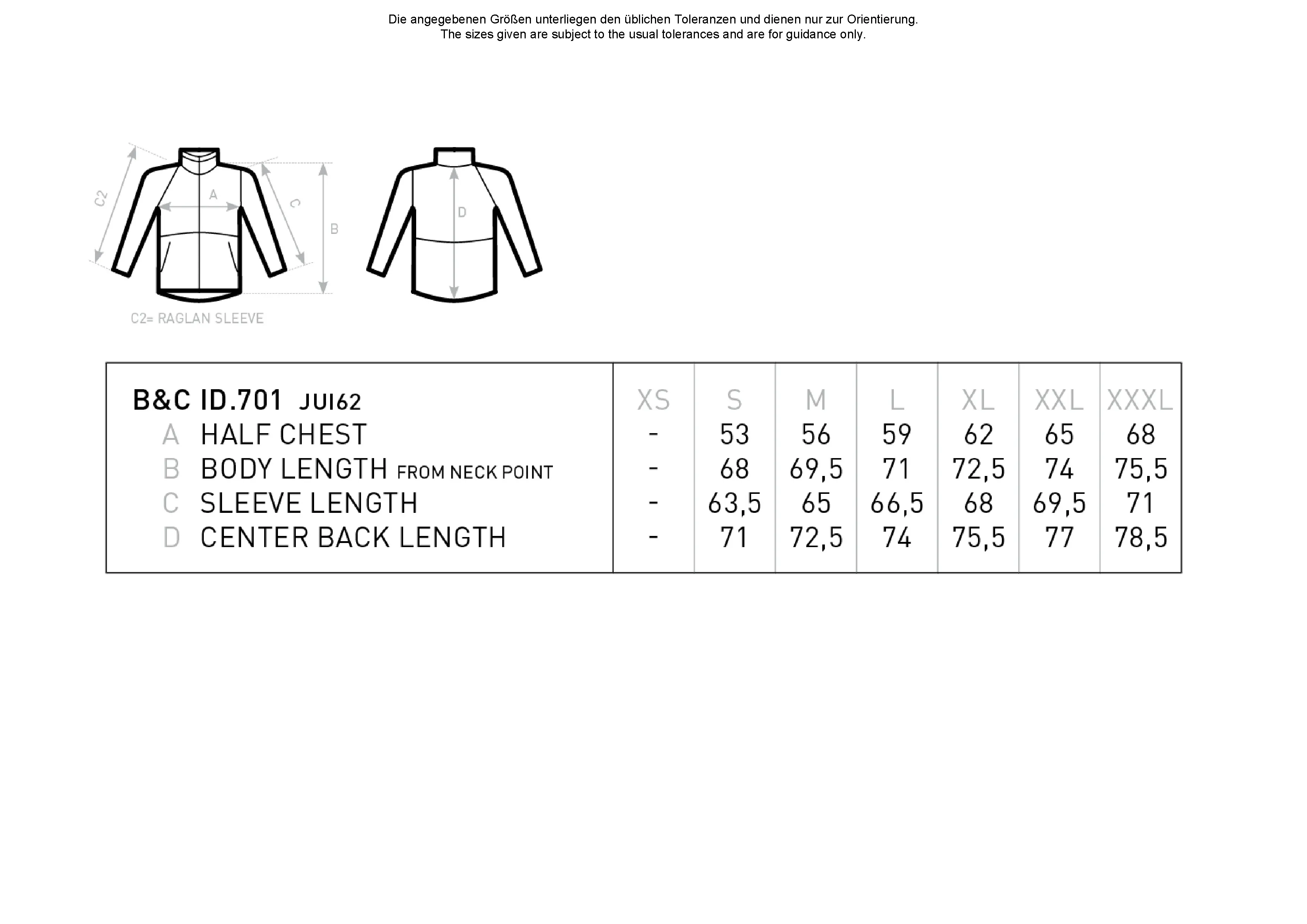 Größentabelle für Men´s Jacket Softshell ID.701 – BCJUI62
