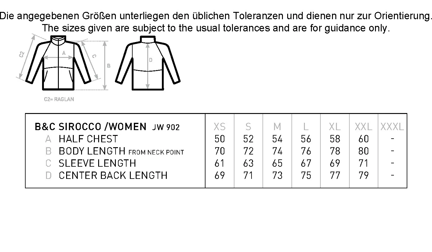Größentabelle für Women´s Jacket Sirocco – BCJW902