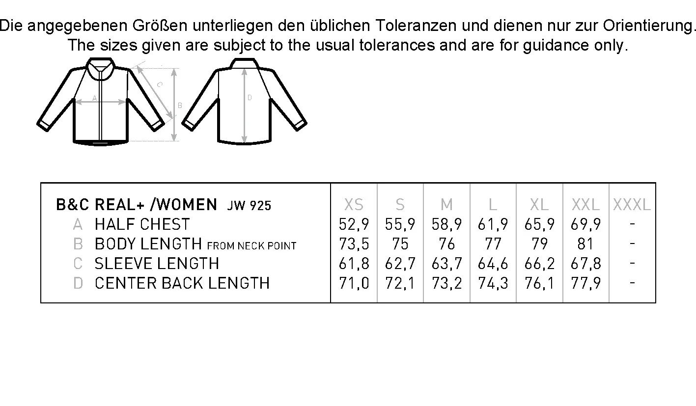 Größentabelle für Women´s Jacket Real+ – BCJW925
