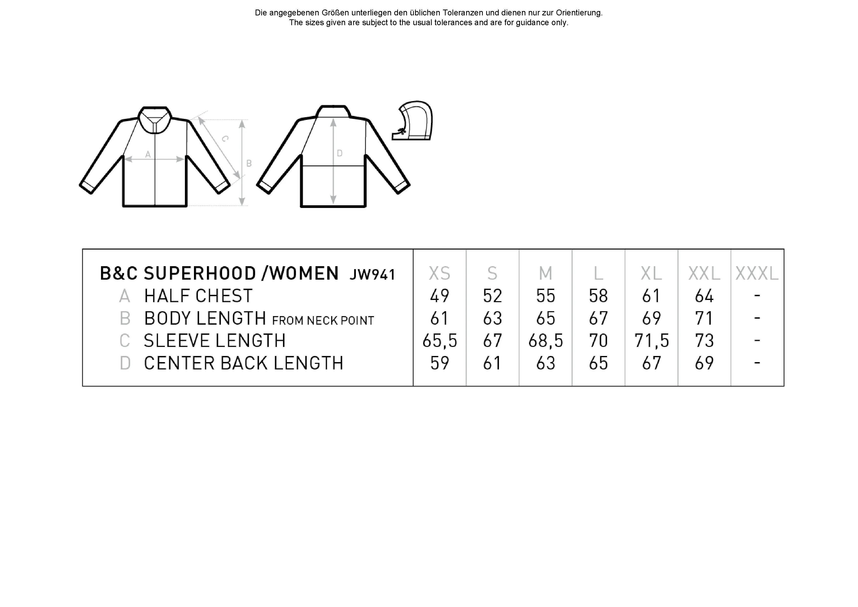 Größentabelle für Women´s Jacket Superhood – BCJW941