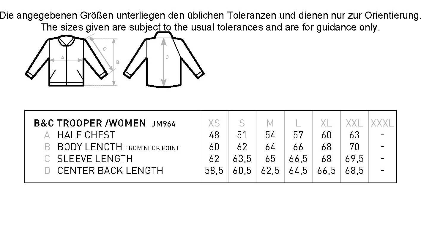 Größentabelle für Women´s Jacket Trooper – BCJW964