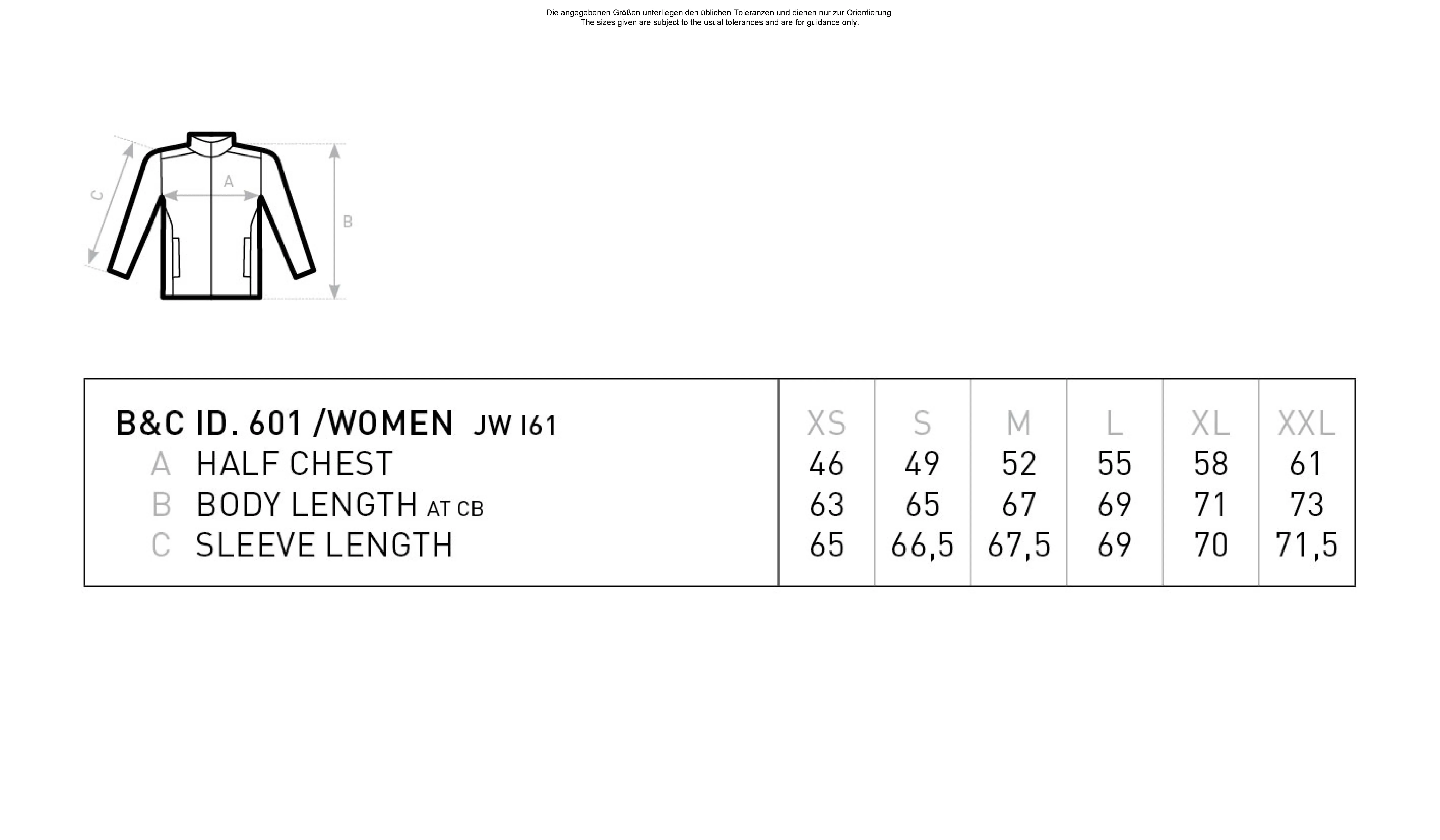 Größentabelle für Women´s Windjacket ID.601 – BCJWI61
