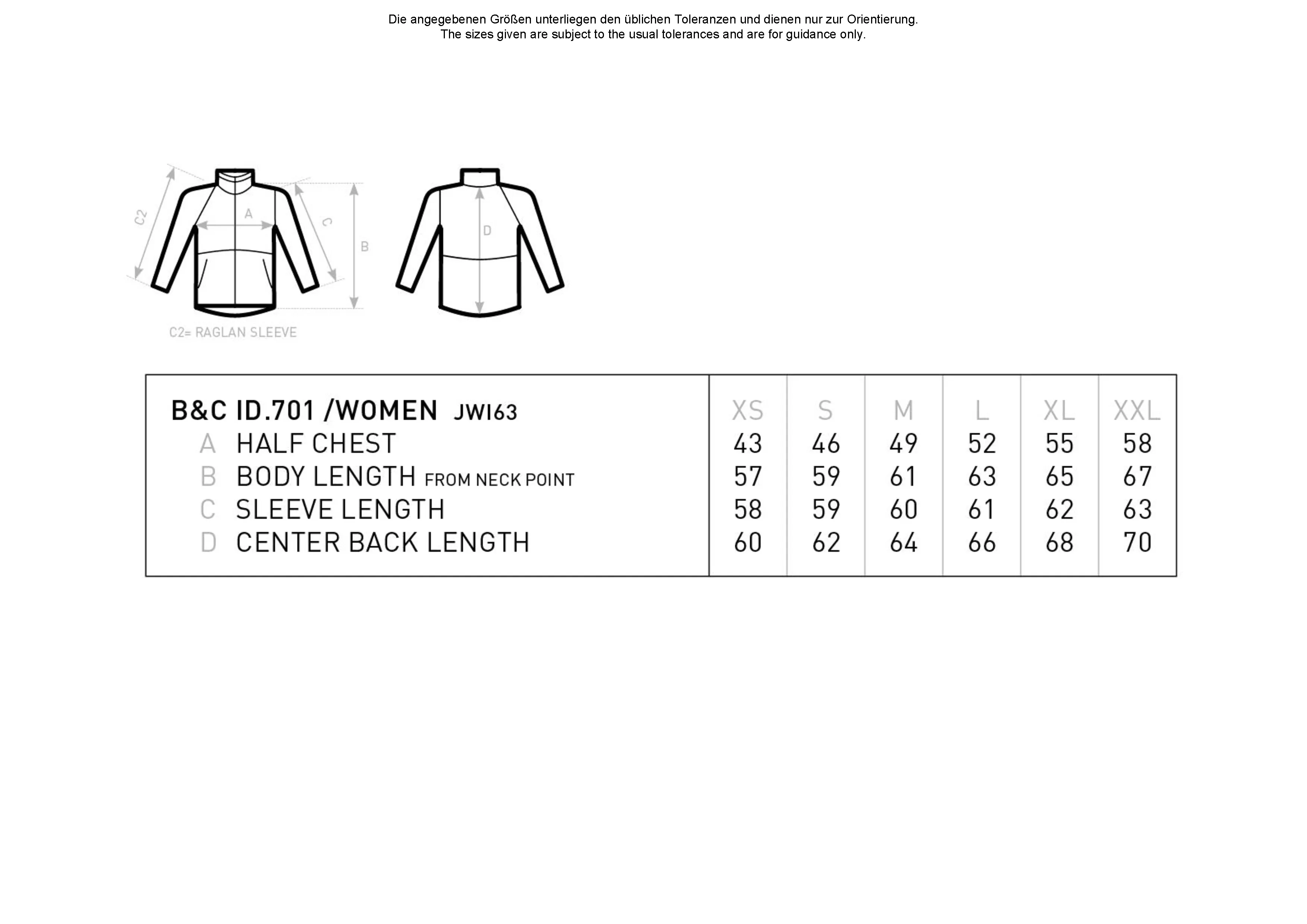 Größentabelle für Women´s Jacket Softshell ID.701 – BCJWI63
