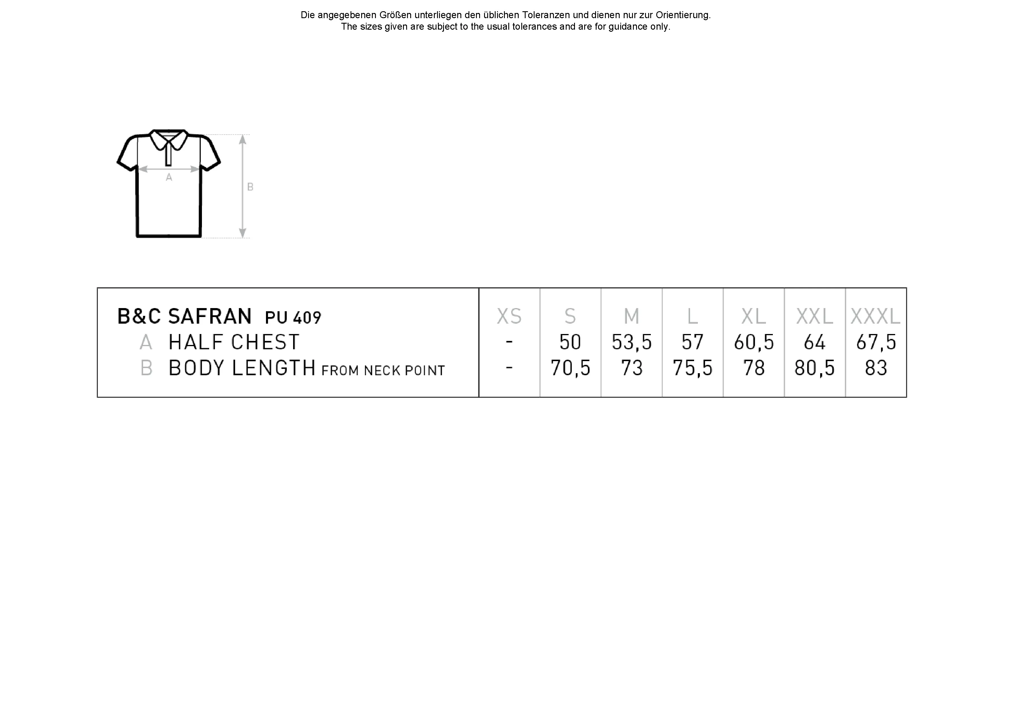Größentabelle für Unisex Polo Safran – BCPU409