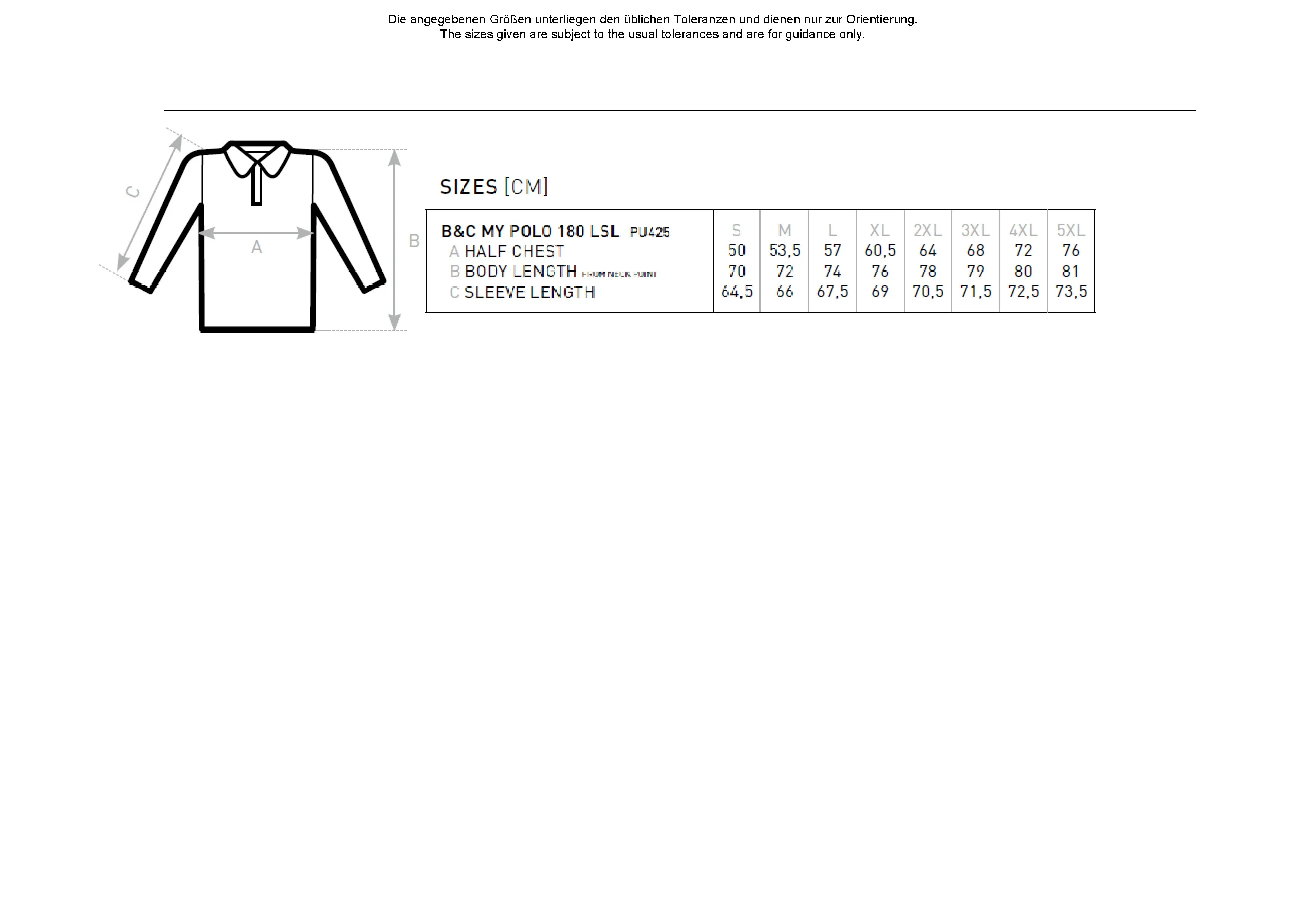Größentabelle für My Polo 180 Long Sleeve – BCPU425