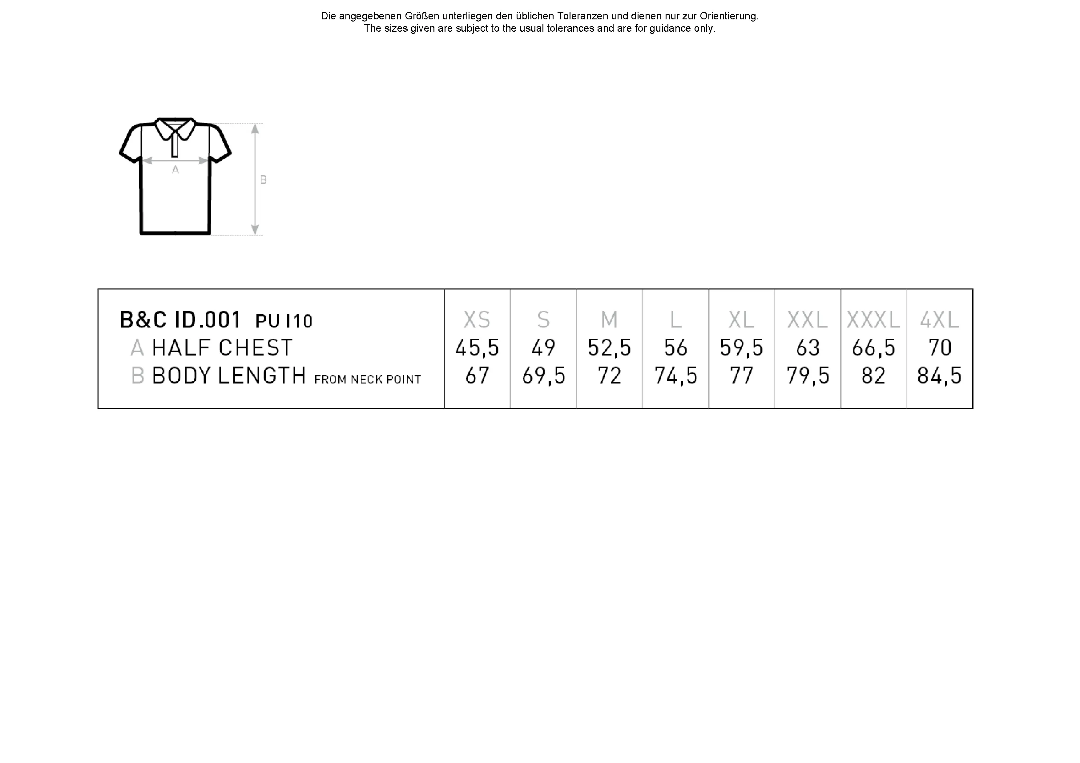 Größentabelle für Unisex Polo ID.001 – BCPUI10