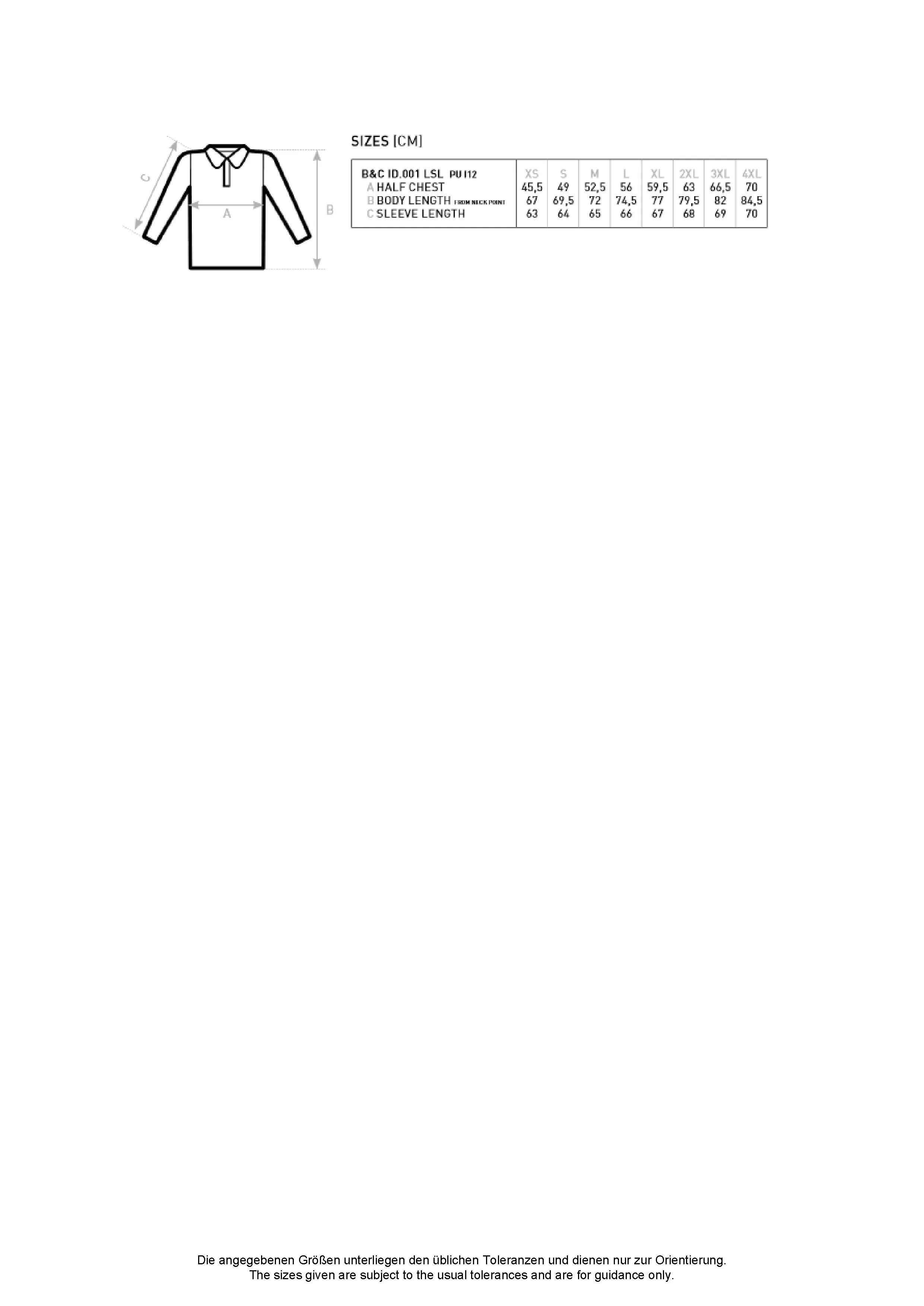 Größentabelle für Men´s Long Sleeve Polo ID.001 – BCPUI12