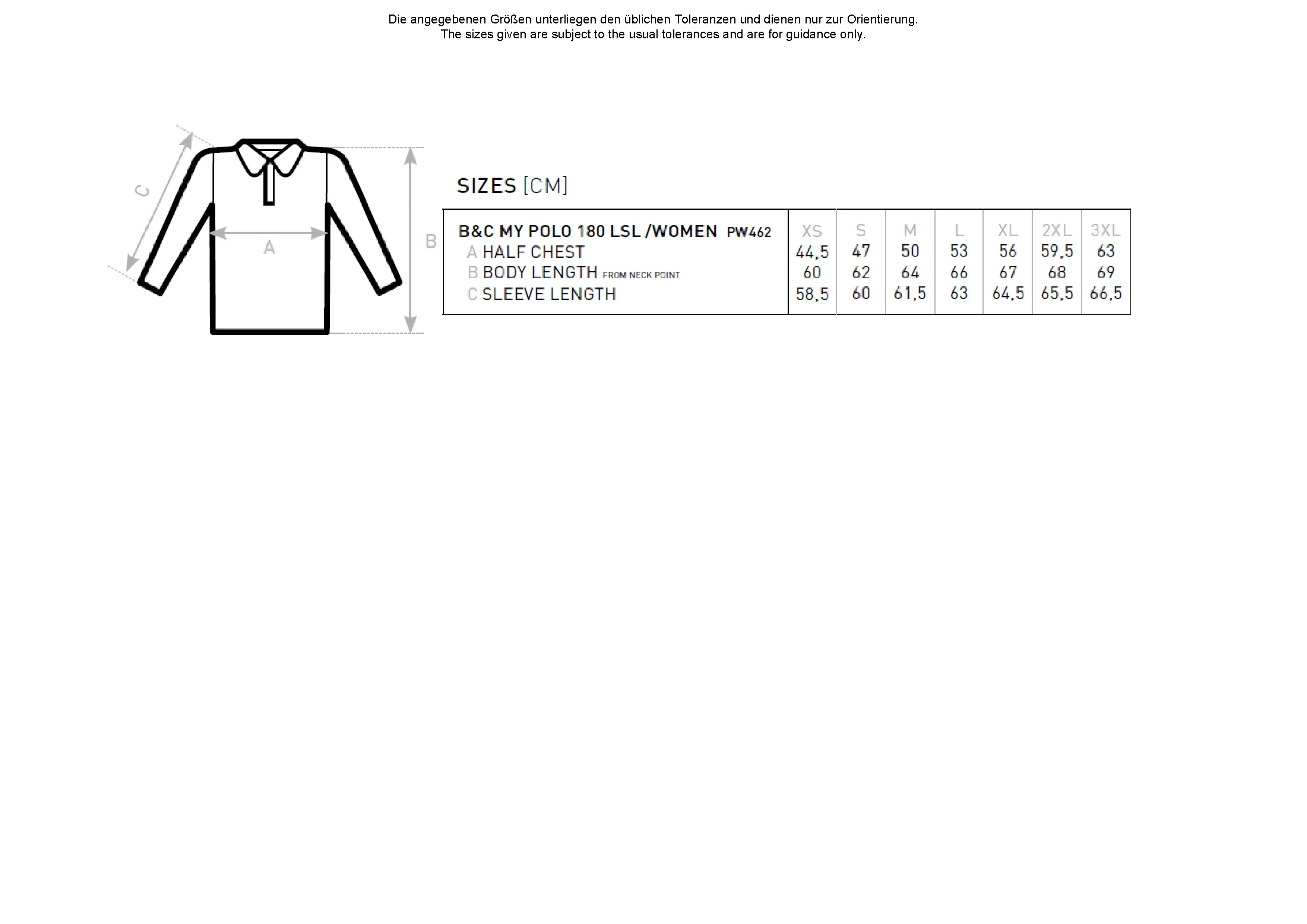 Größentabelle für My Polo 180 Long Sleeve /Women – BCPW462