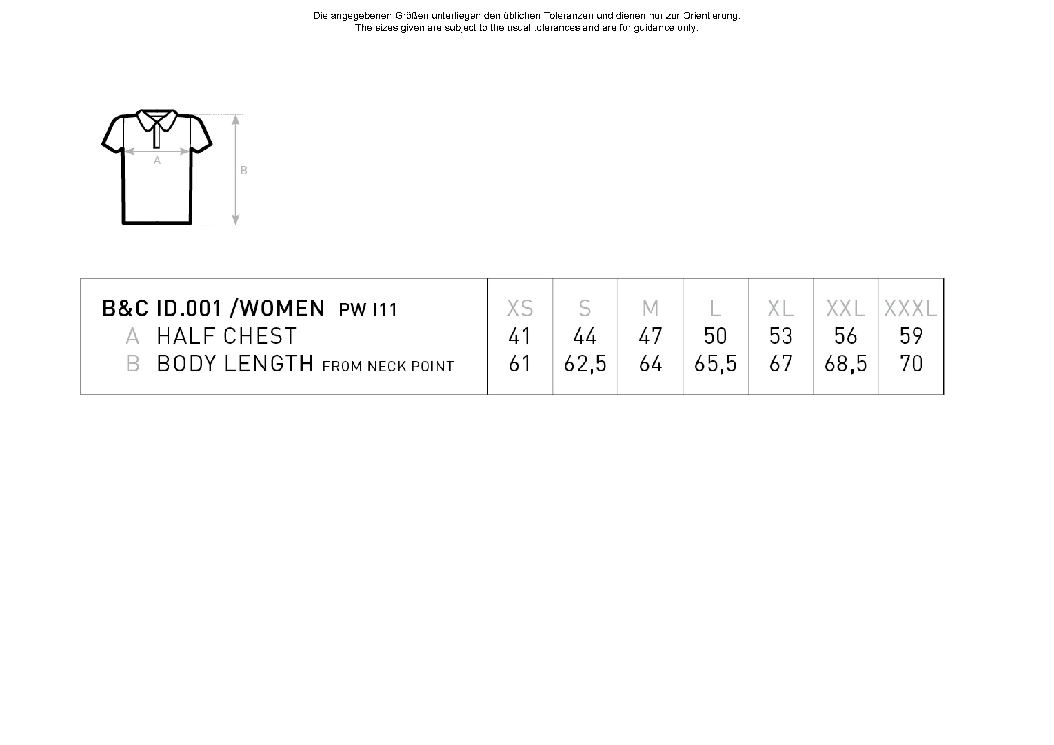 Größentabelle für Women´s Polo ID.001 – BCPWI11