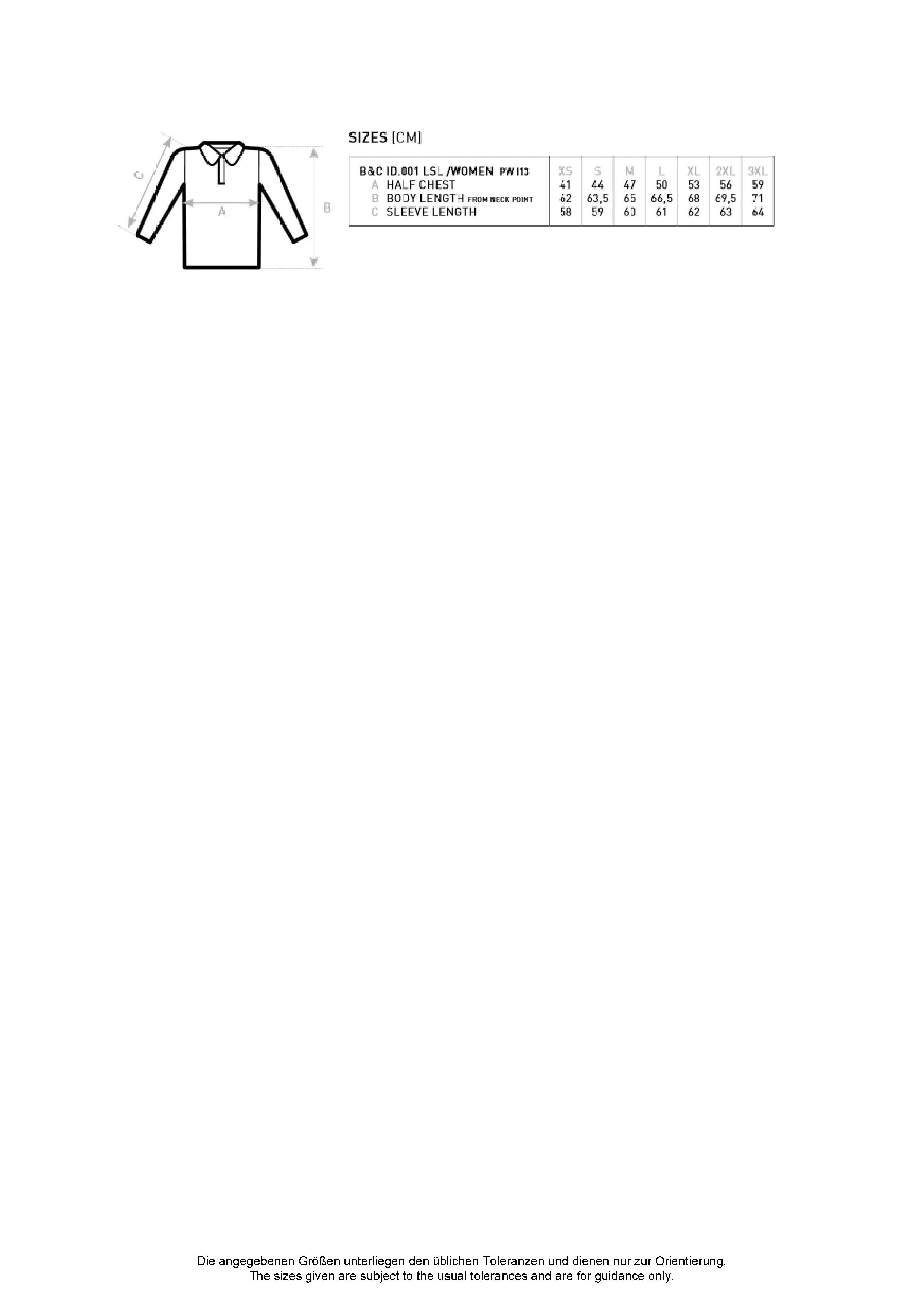 Größentabelle für Women´s Long Sleeve Polo ID.001 – BCPWI13