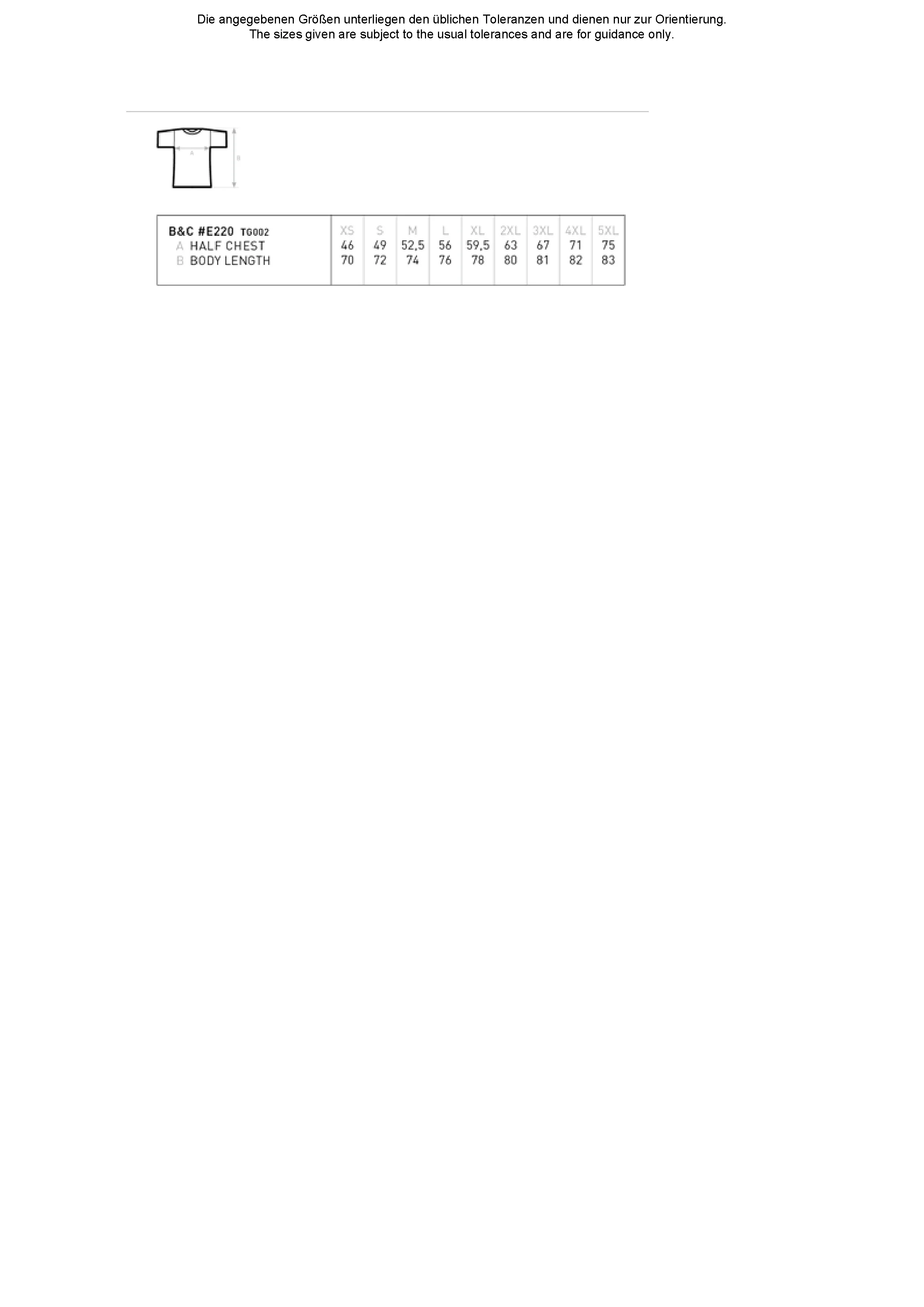 Größentabelle für #E220 T – BCTG002