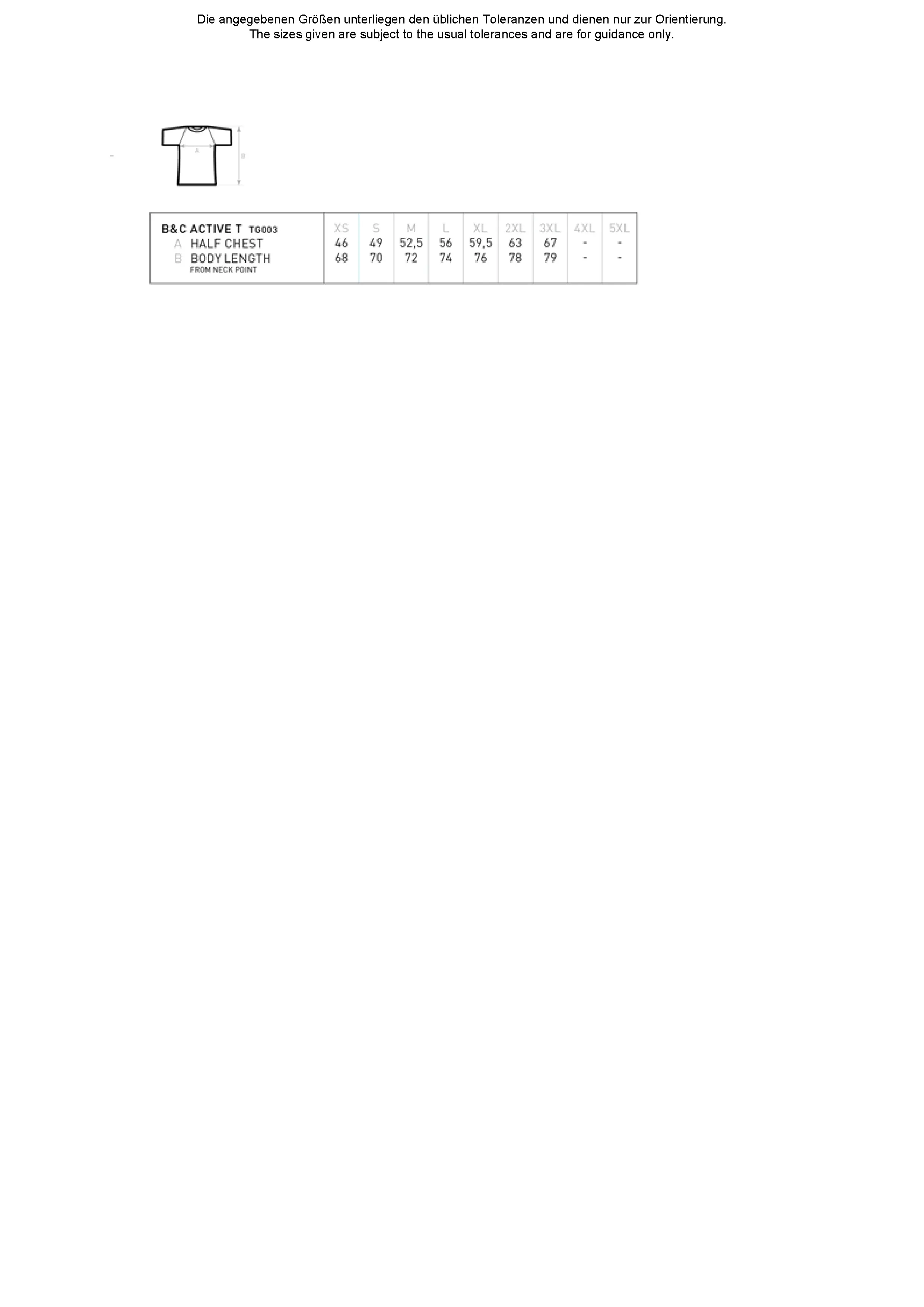 Größentabelle für Active T – BCTG003
