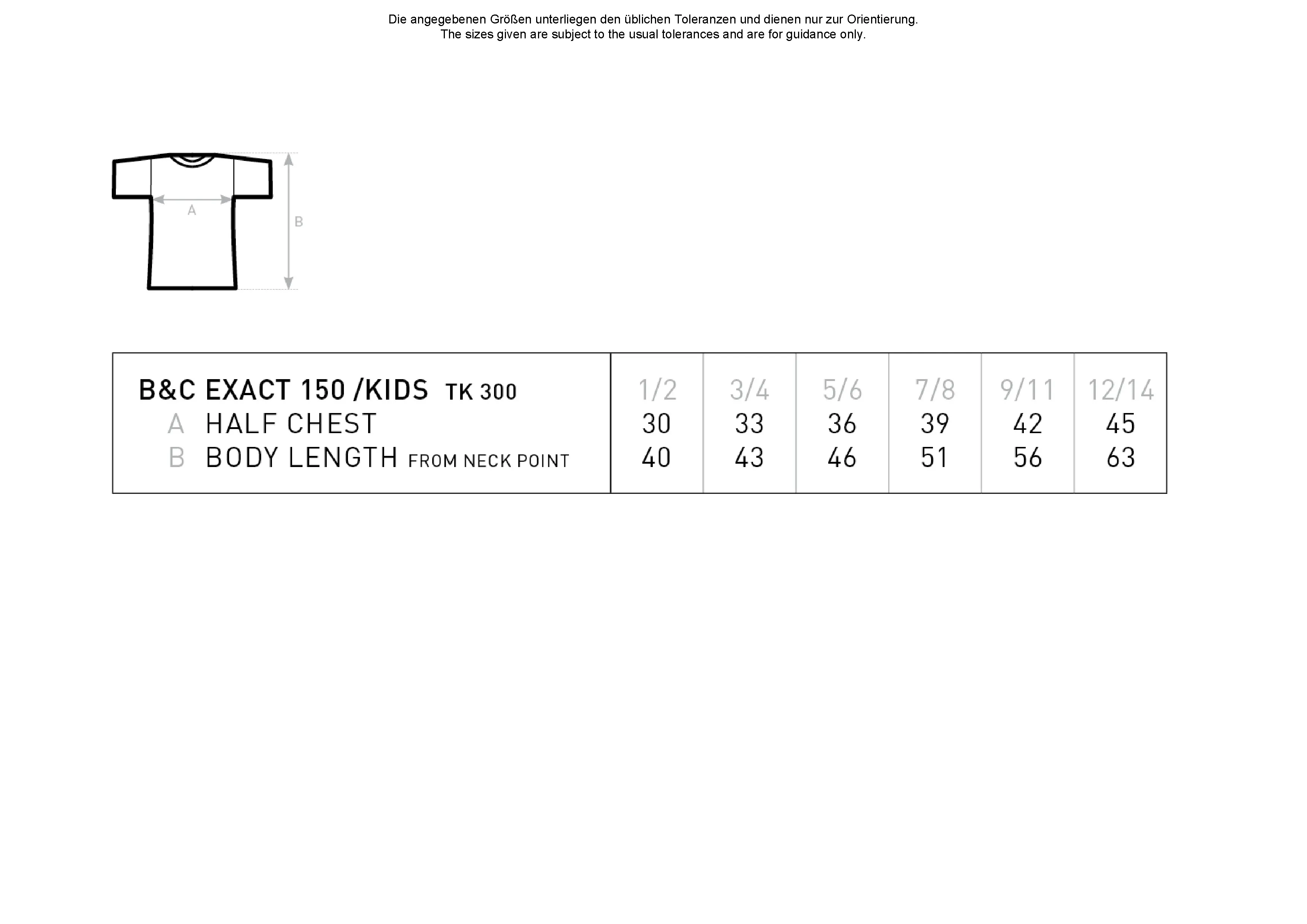 Größentabelle für Kids´ T-Shirt Exact 150 – BCTK300