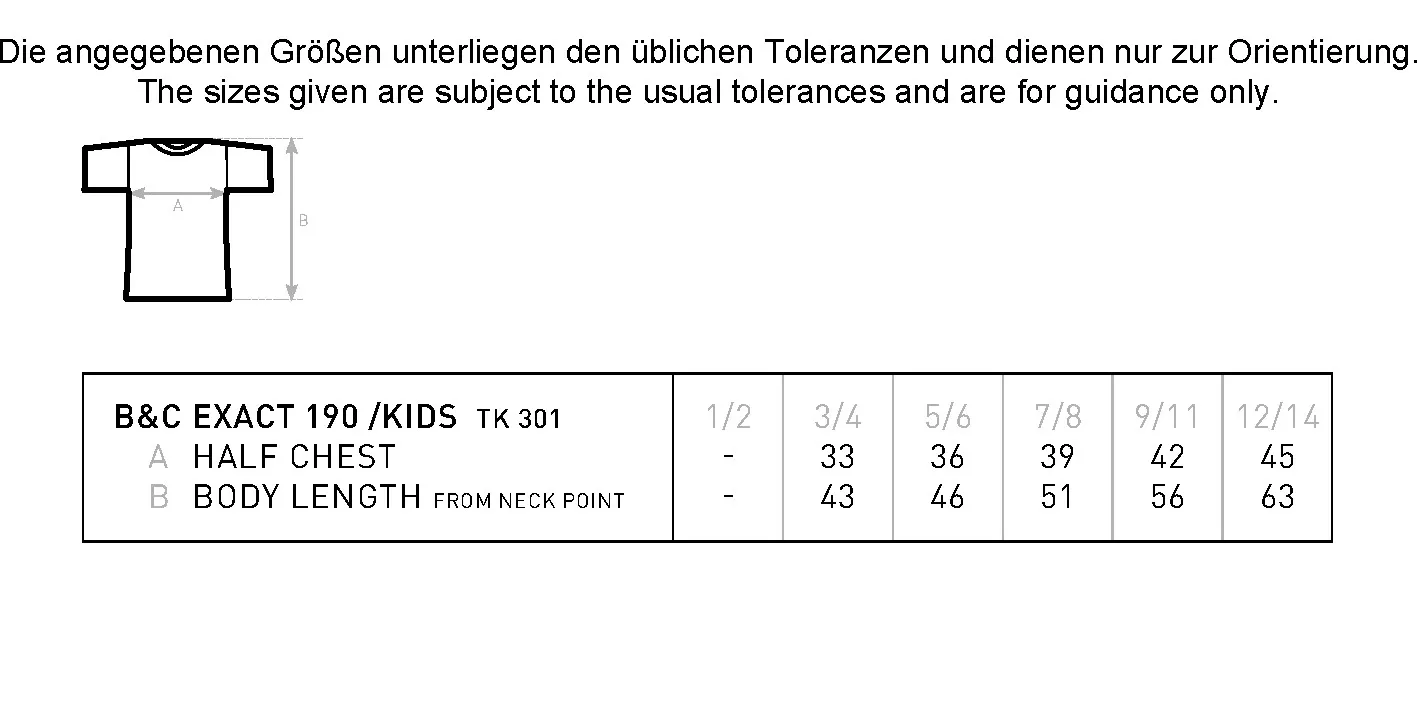 Größentabelle für Kids´ T-Shirt Exact 190 – BCTK301