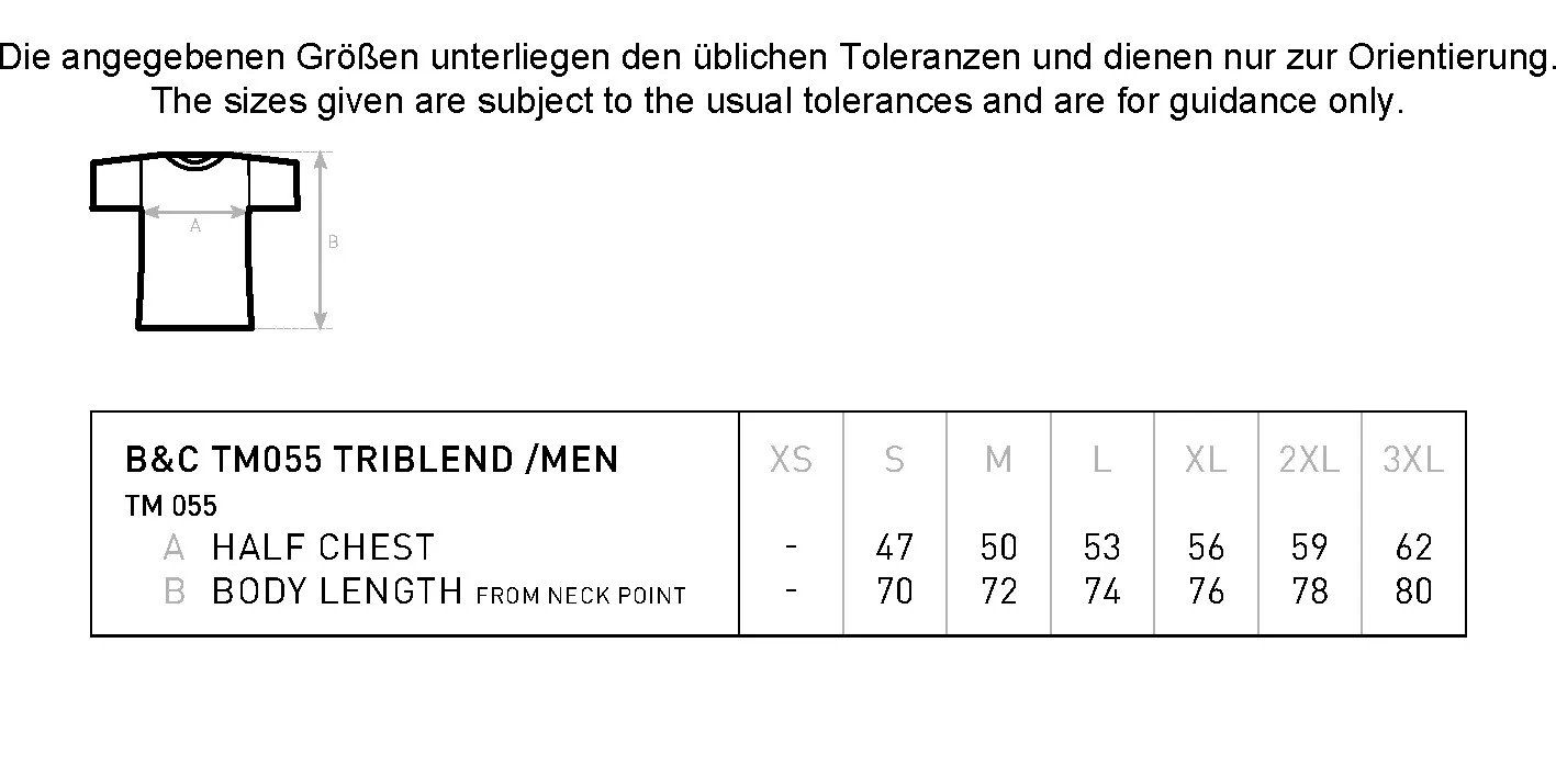 Größentabelle für Men´s Triblend T-Shirt – BCTM055