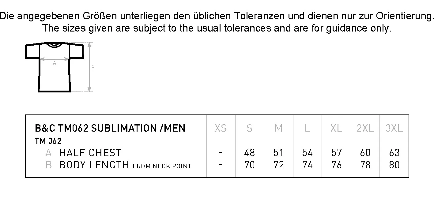 Größentabelle für Men´s Sublimation T-Shirt – BCTM062