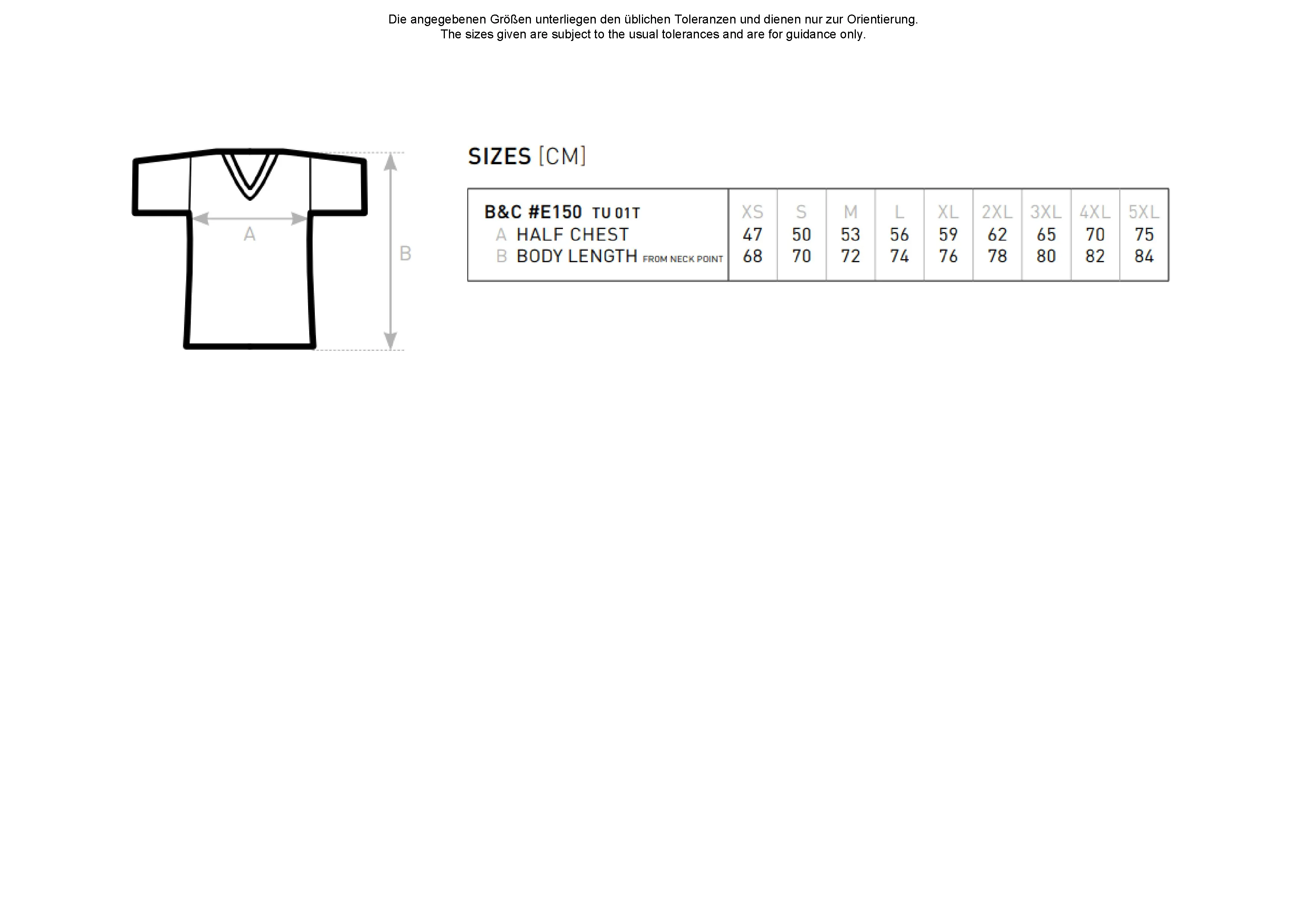 Größentabelle für T-Shirt #E150 – BCTU01T