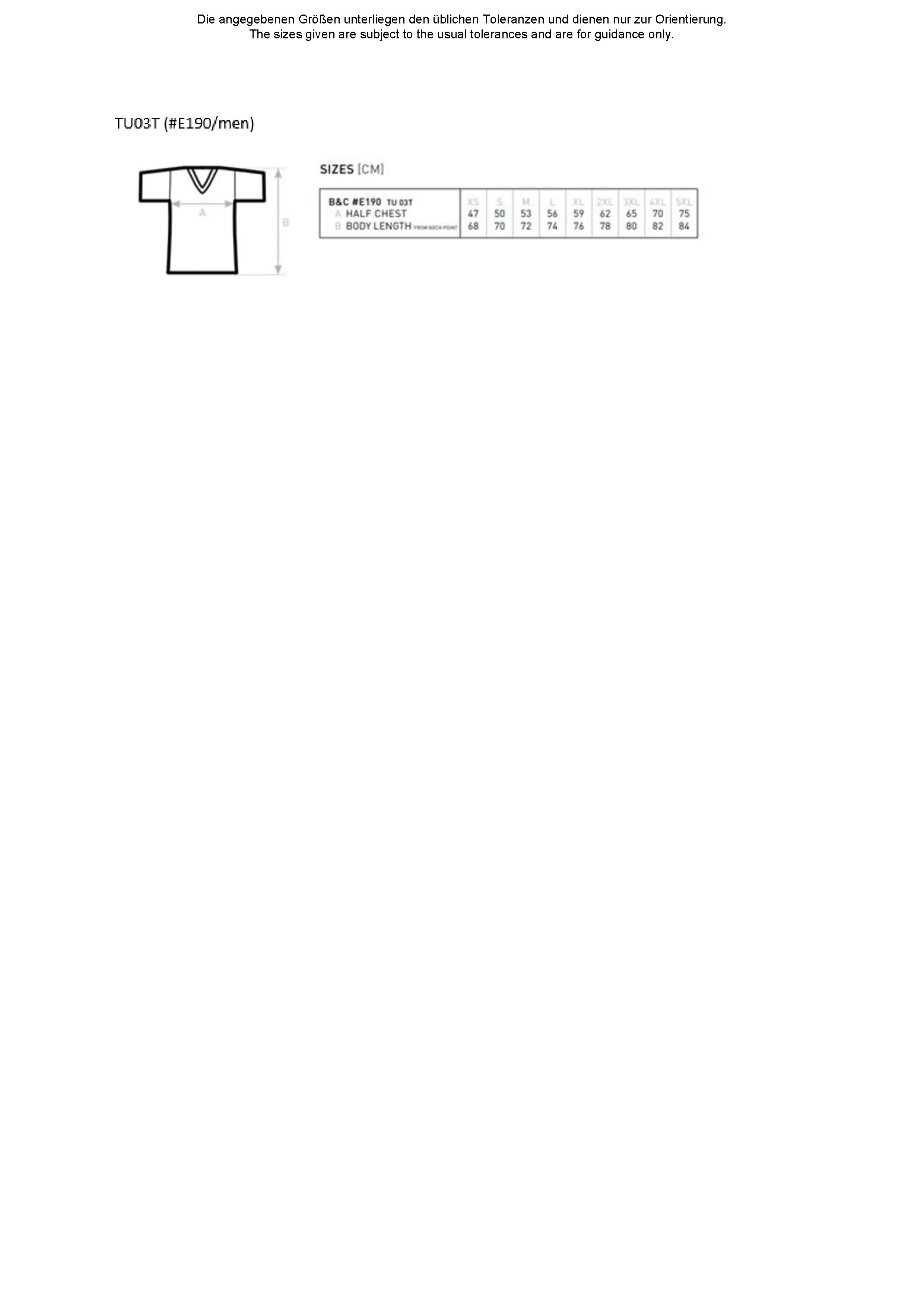 Größentabelle für T-Shirt #E190 – BCTU03T