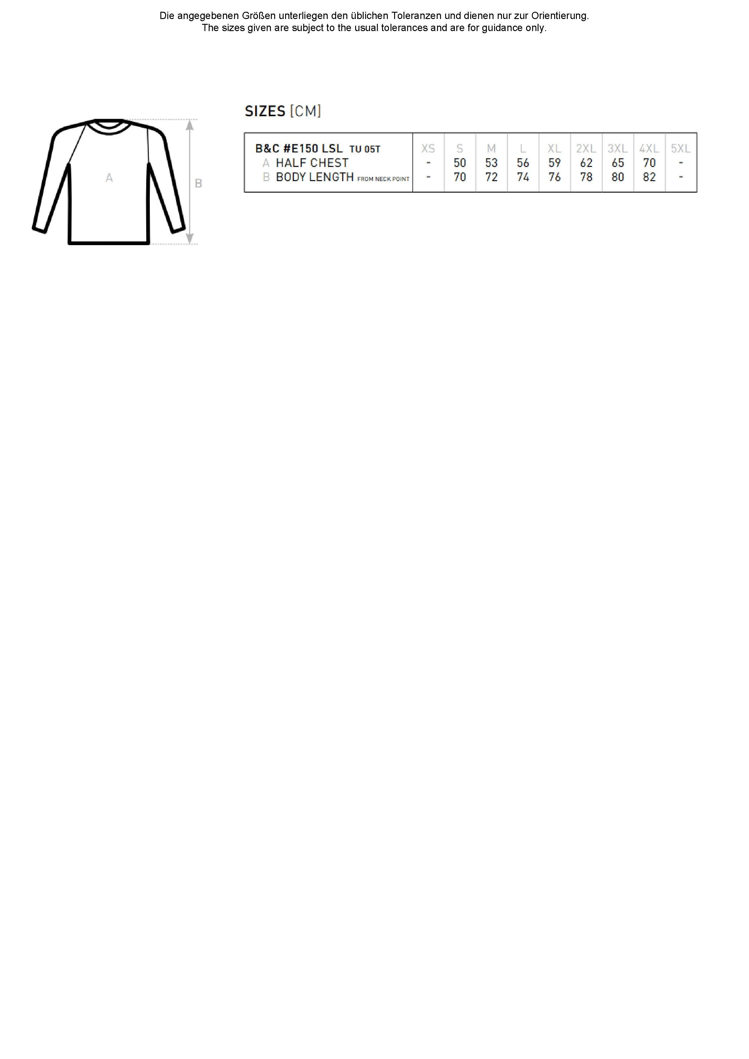 Größentabelle für Men´s T-Shirt #E150 Long Sleeve – BCTU05T