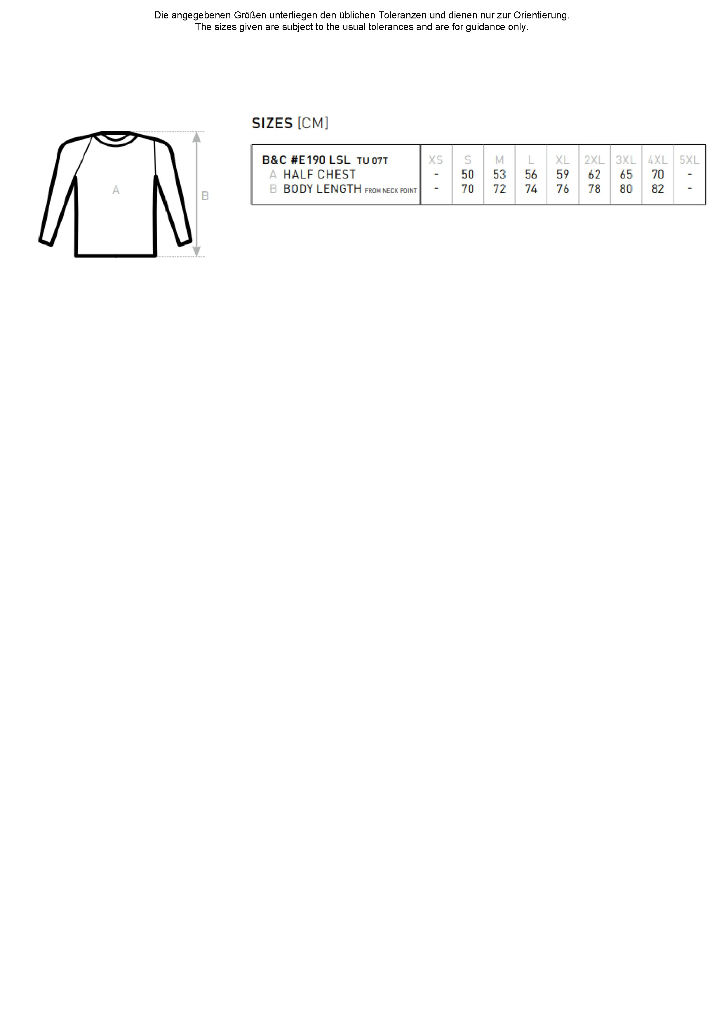 Größentabelle für Men´s T-Shirt #E190 Long Sleeve – BCTU07T