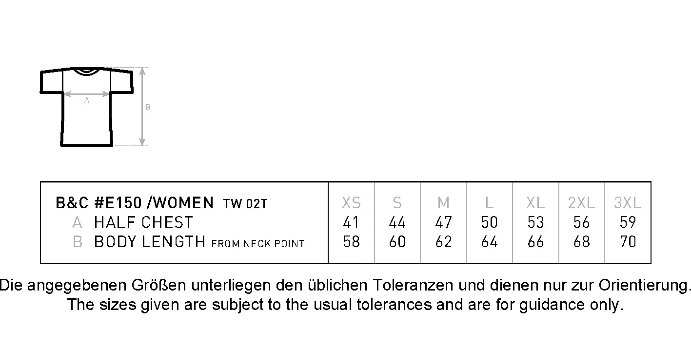 Größentabelle für Women´s T-Shirt #E150 – BCTW02T