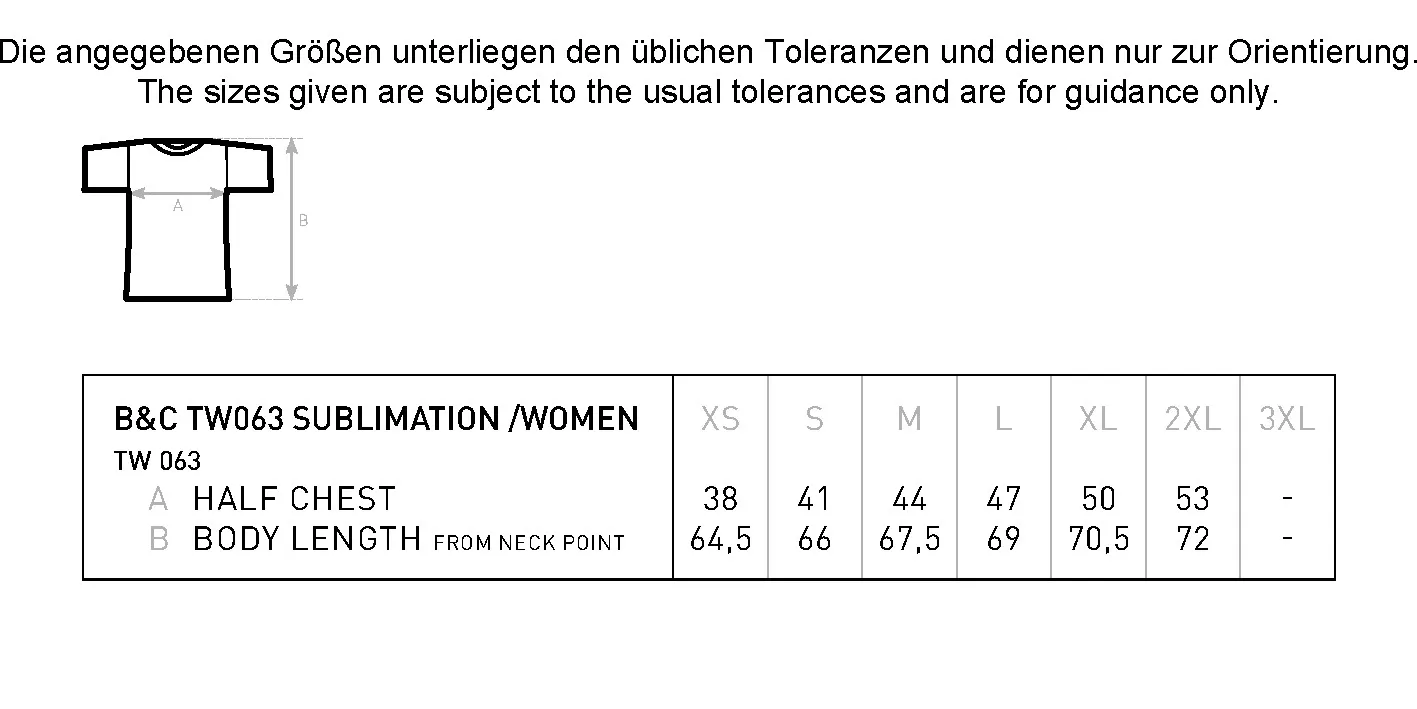 Größentabelle für Women´s Sublimation T-Shirt – BCTW063