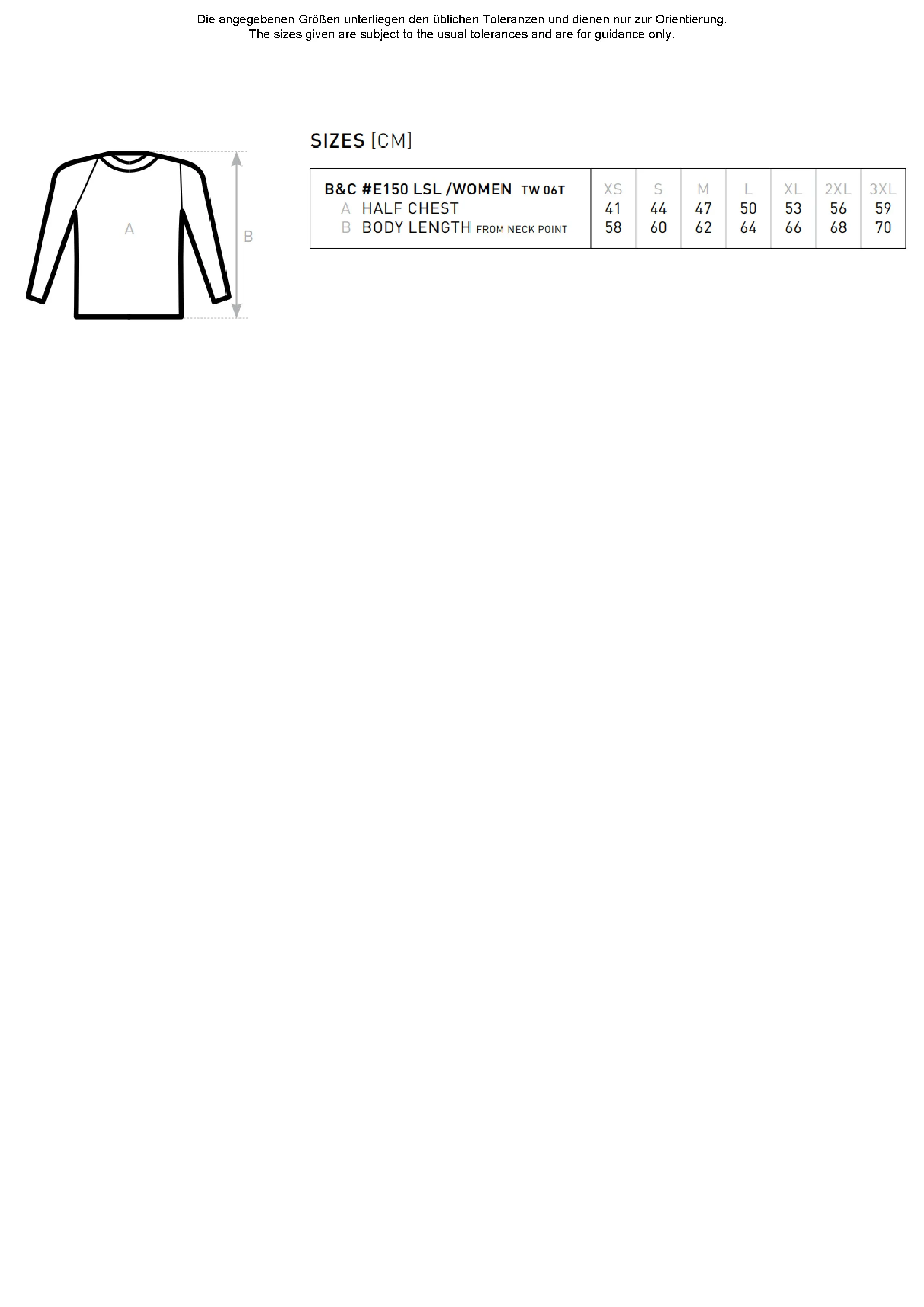 Größentabelle für Women´s T-Shirt #E150 Long Sleeve – BCTW06T