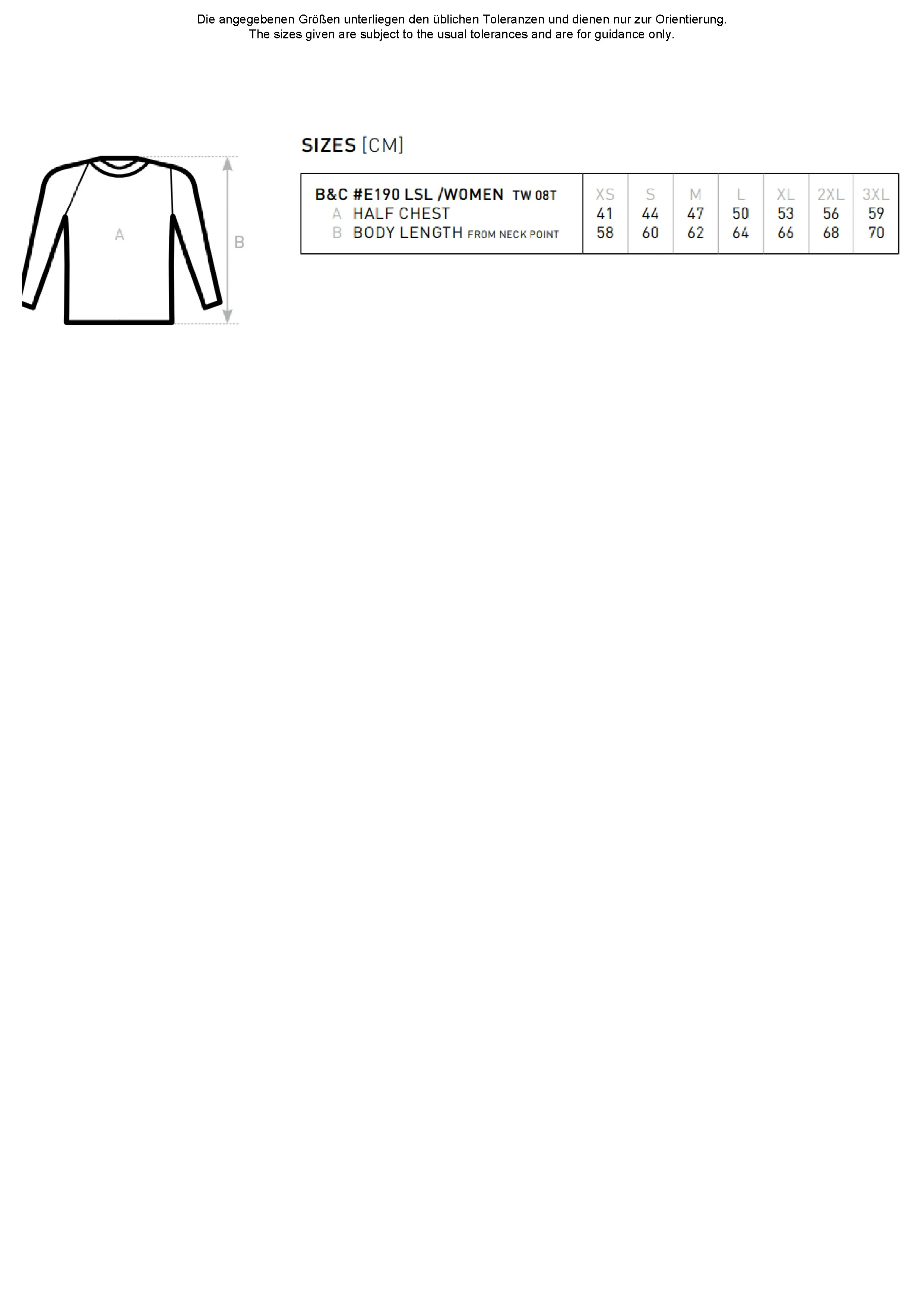 Größentabelle für Women´s T-Shirt #E190 Long Sleeve – BCTW08T