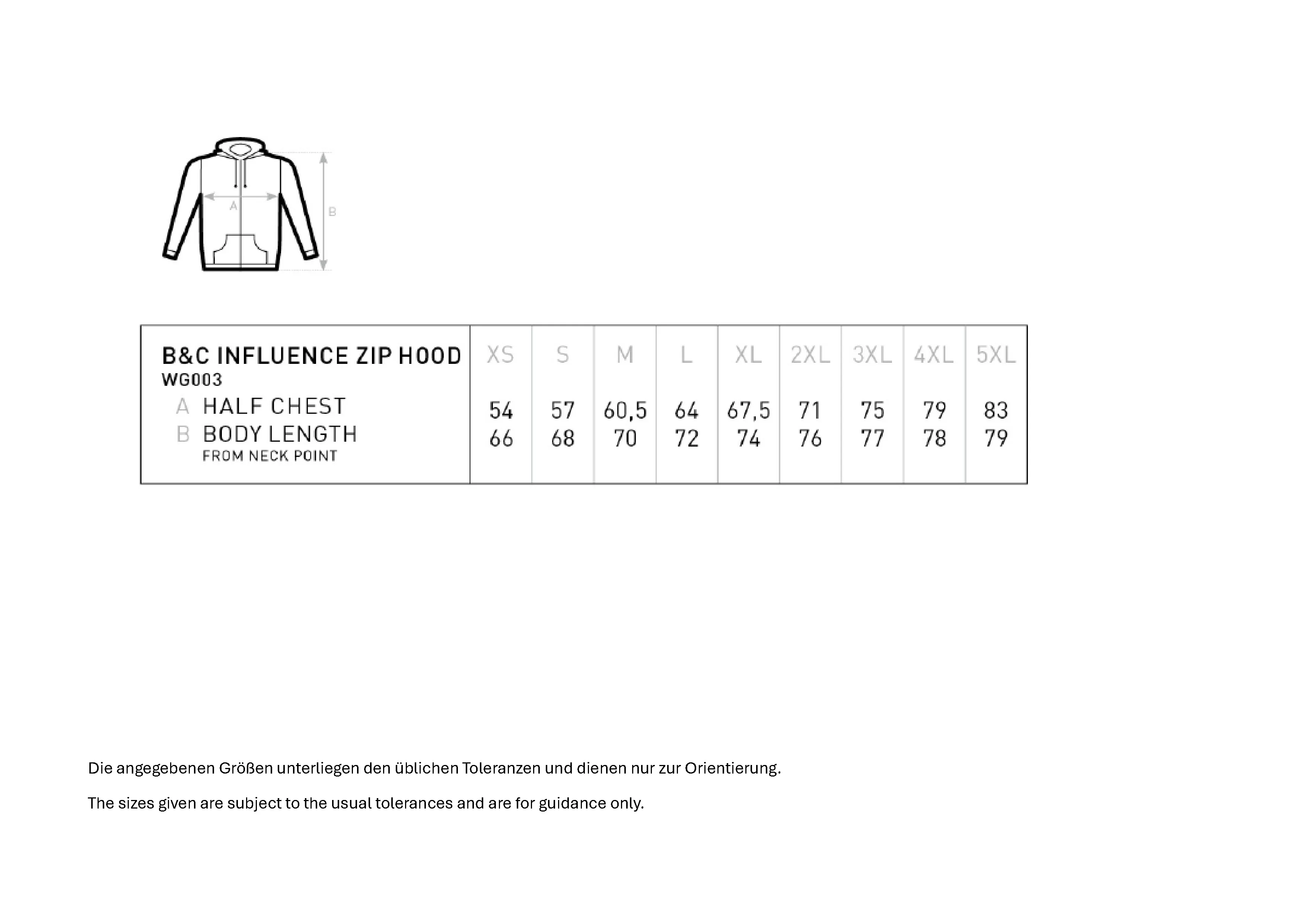 Größentabelle für Influence Zip Hood – BCWG003