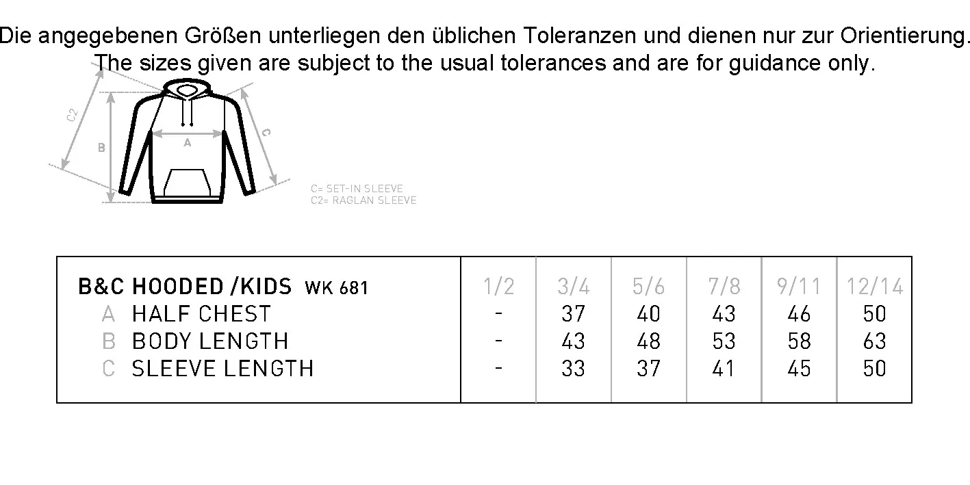 Größentabelle für Kids´ Hooded Sweat – BCWK681