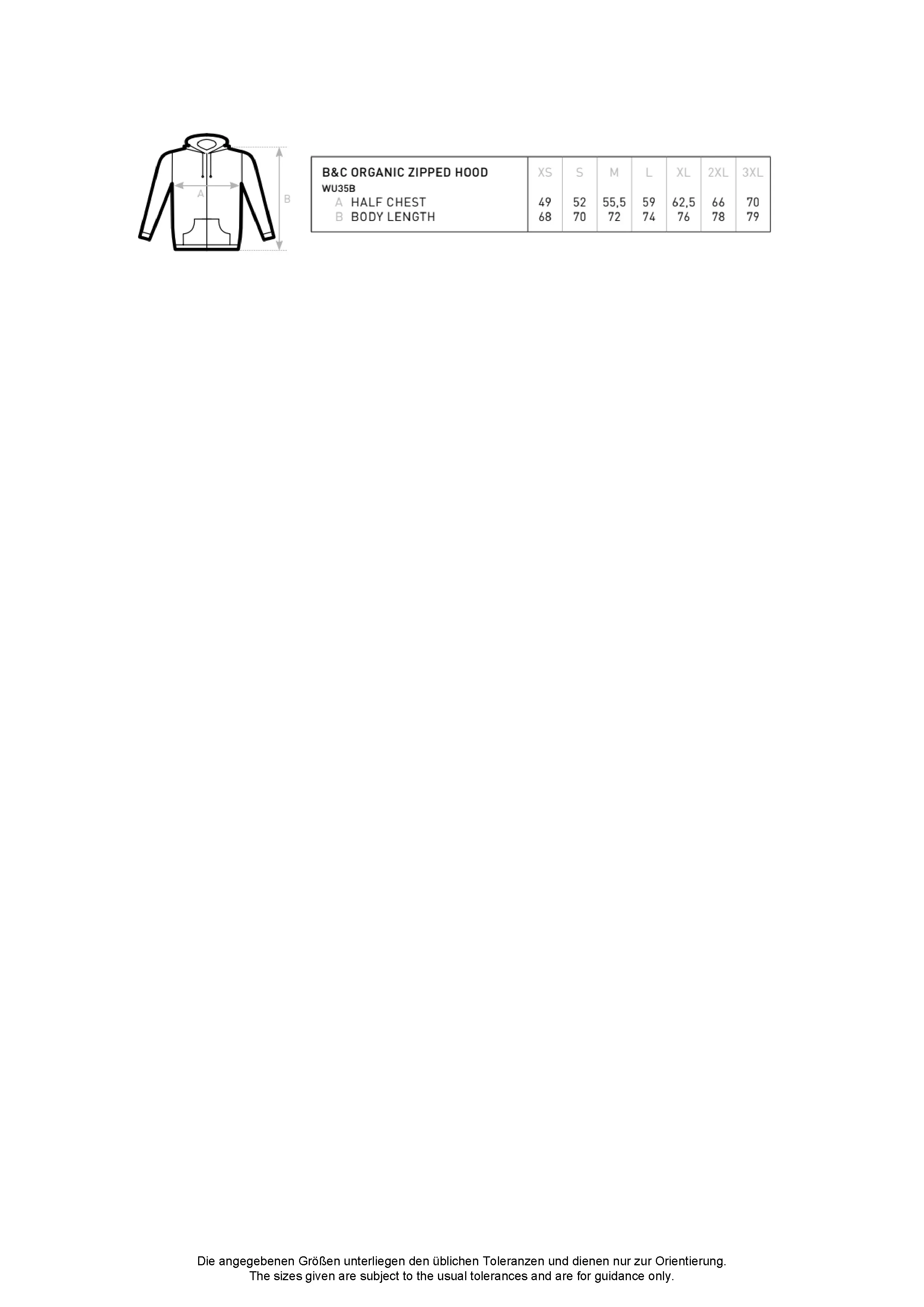 Größentabelle für Inspire Zipped Hood Jacket_° – BCWU35B