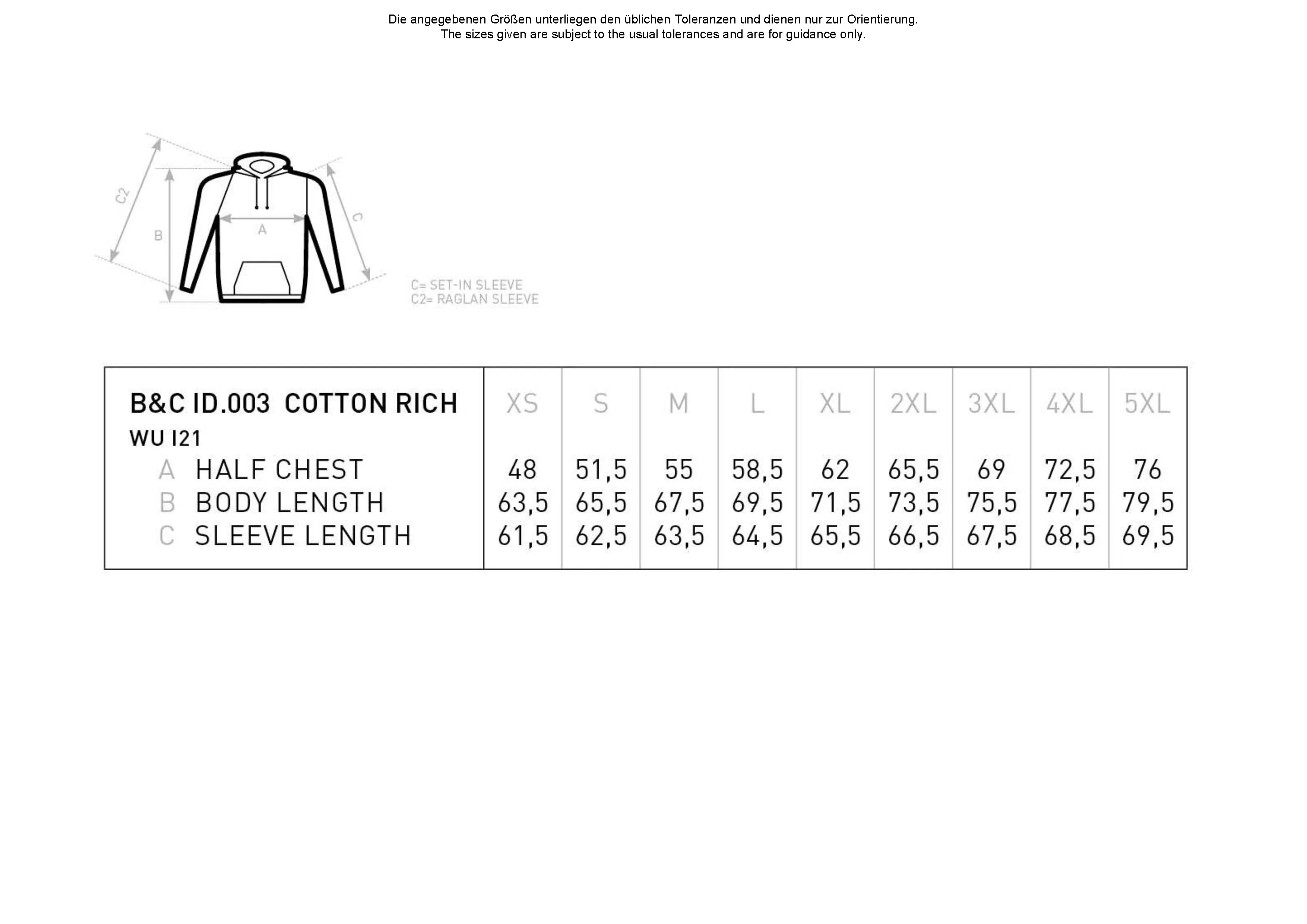 Größentabelle für Sweat ID.003 – BCWUI21